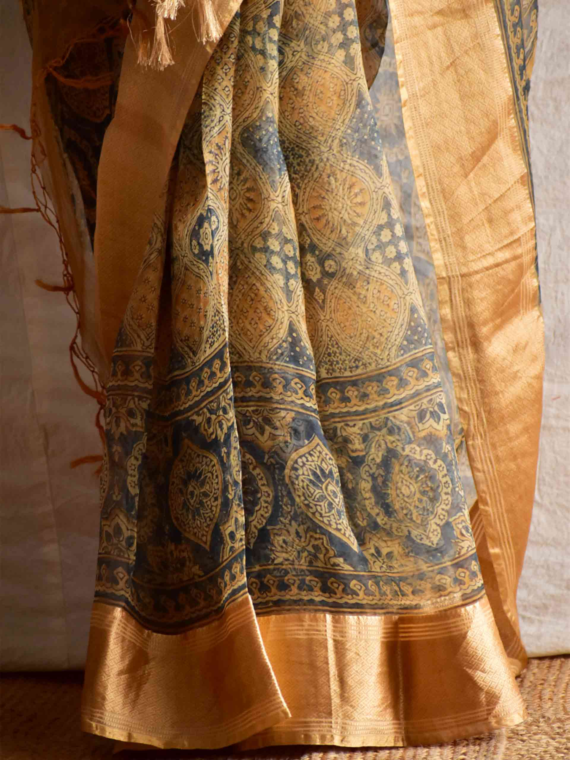 Sunehari - Ajrakh Handloom Organza saree with zari border
