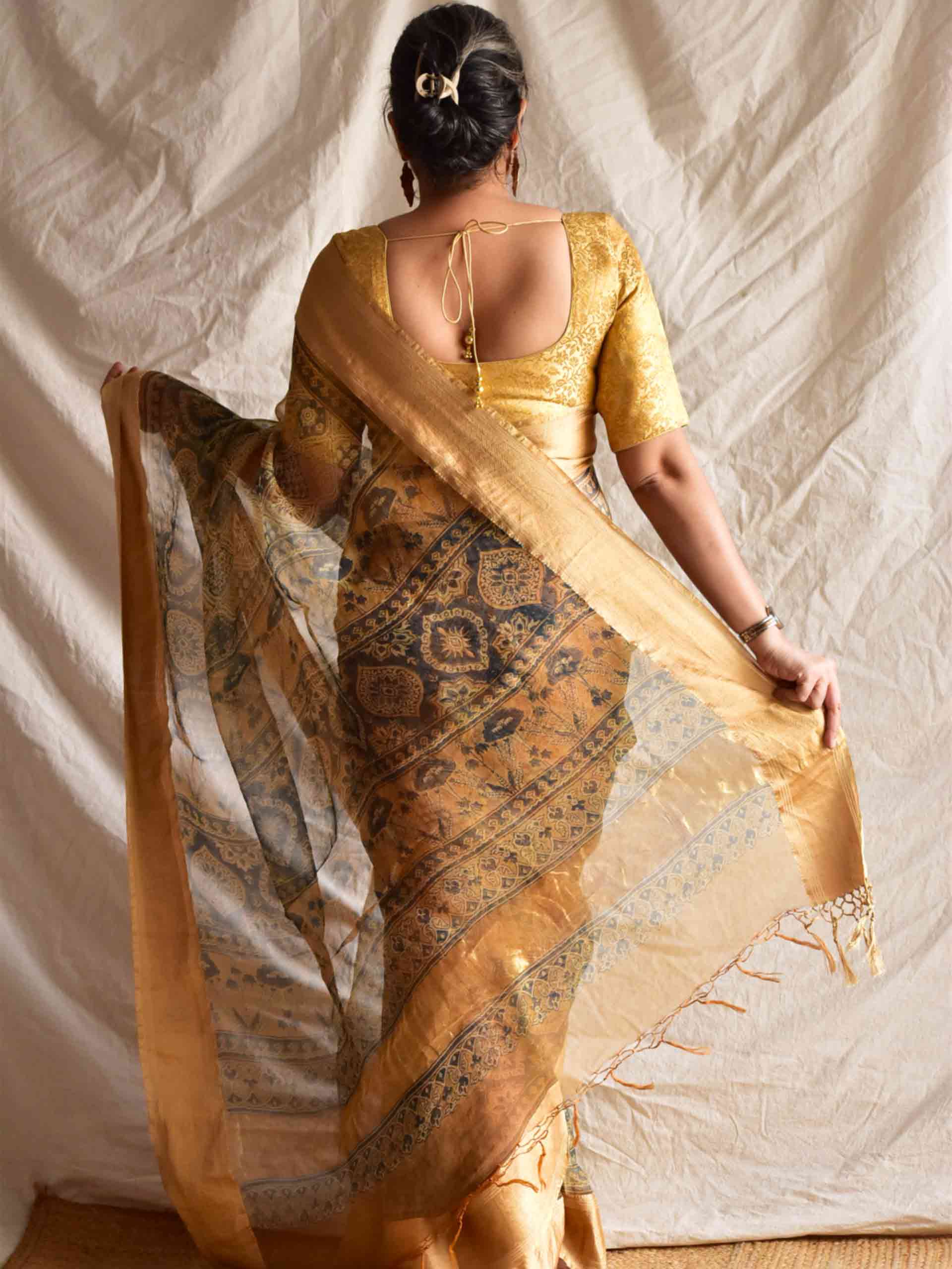 Sunehari - Ajrakh Handloom Organza saree with zari border