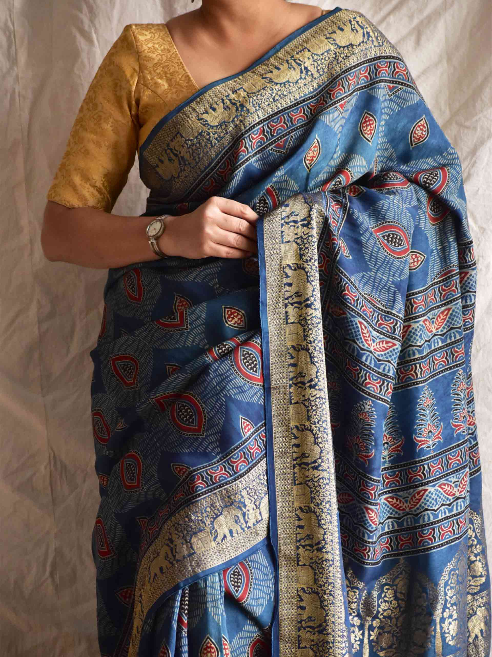 Kareem - Ajrakh hand block printed Dola Silk zari border Saree
