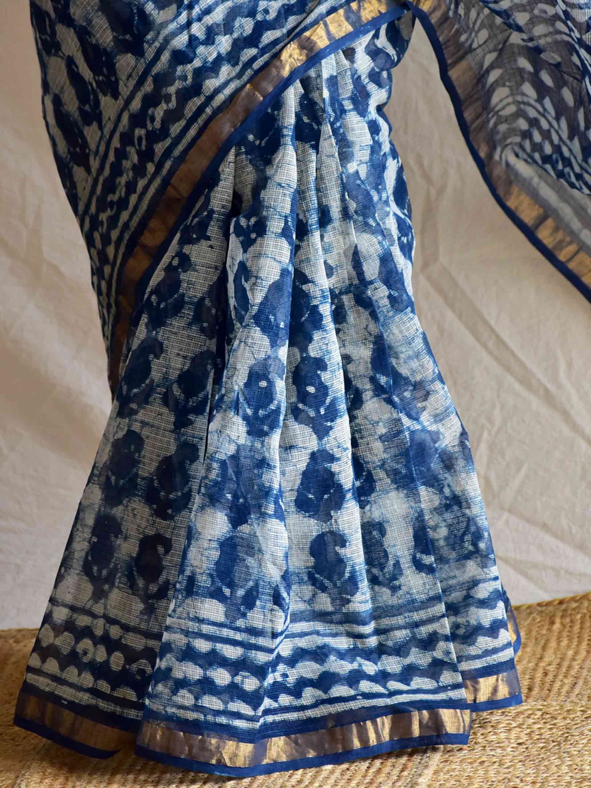 Indigo boota - Dabu Kota Doria Saree