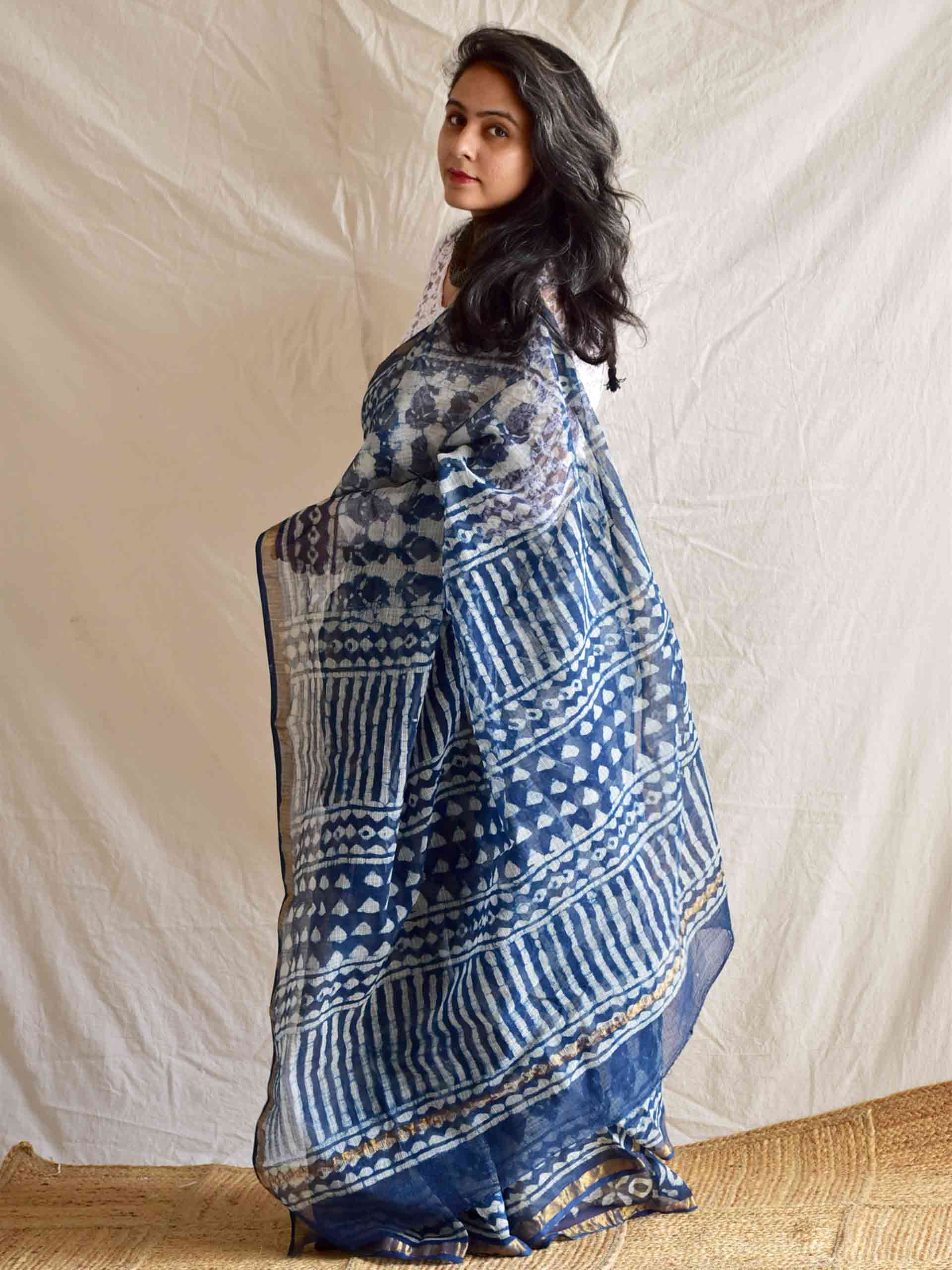 Indigo boota - Dabu Kota Doria Saree
