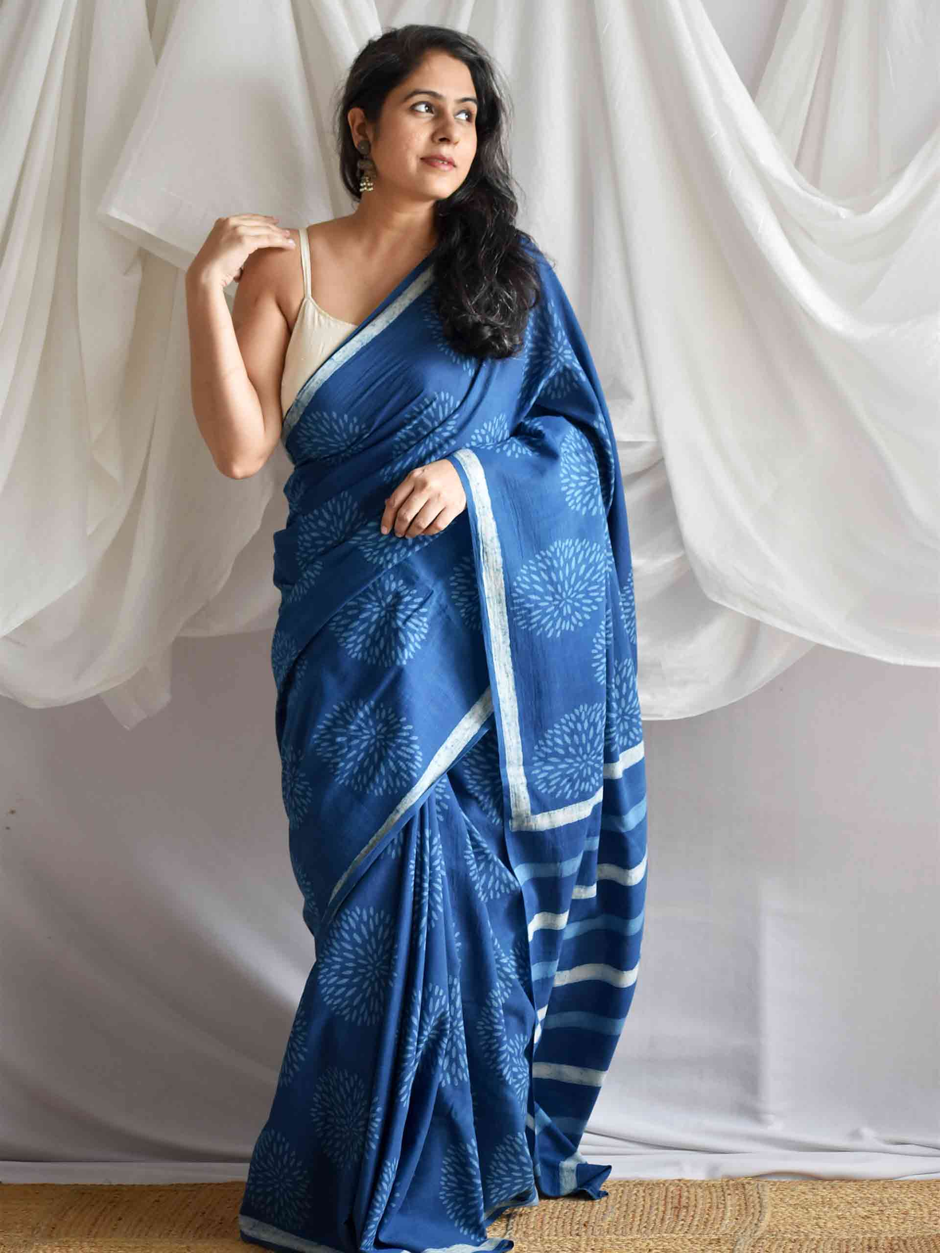 Sunflower Indigo mul cotton saree
