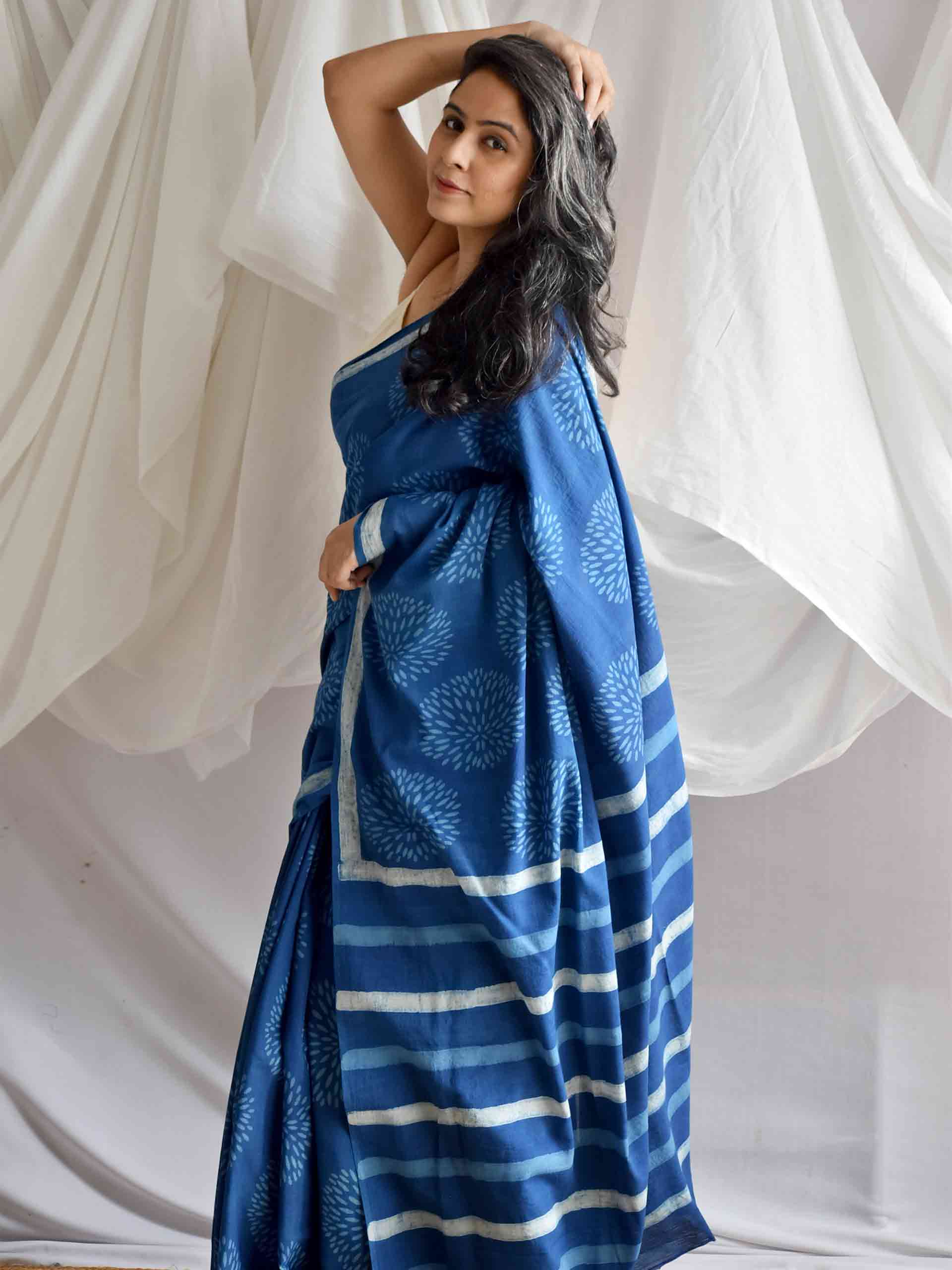 Sunflower Indigo mul cotton saree
