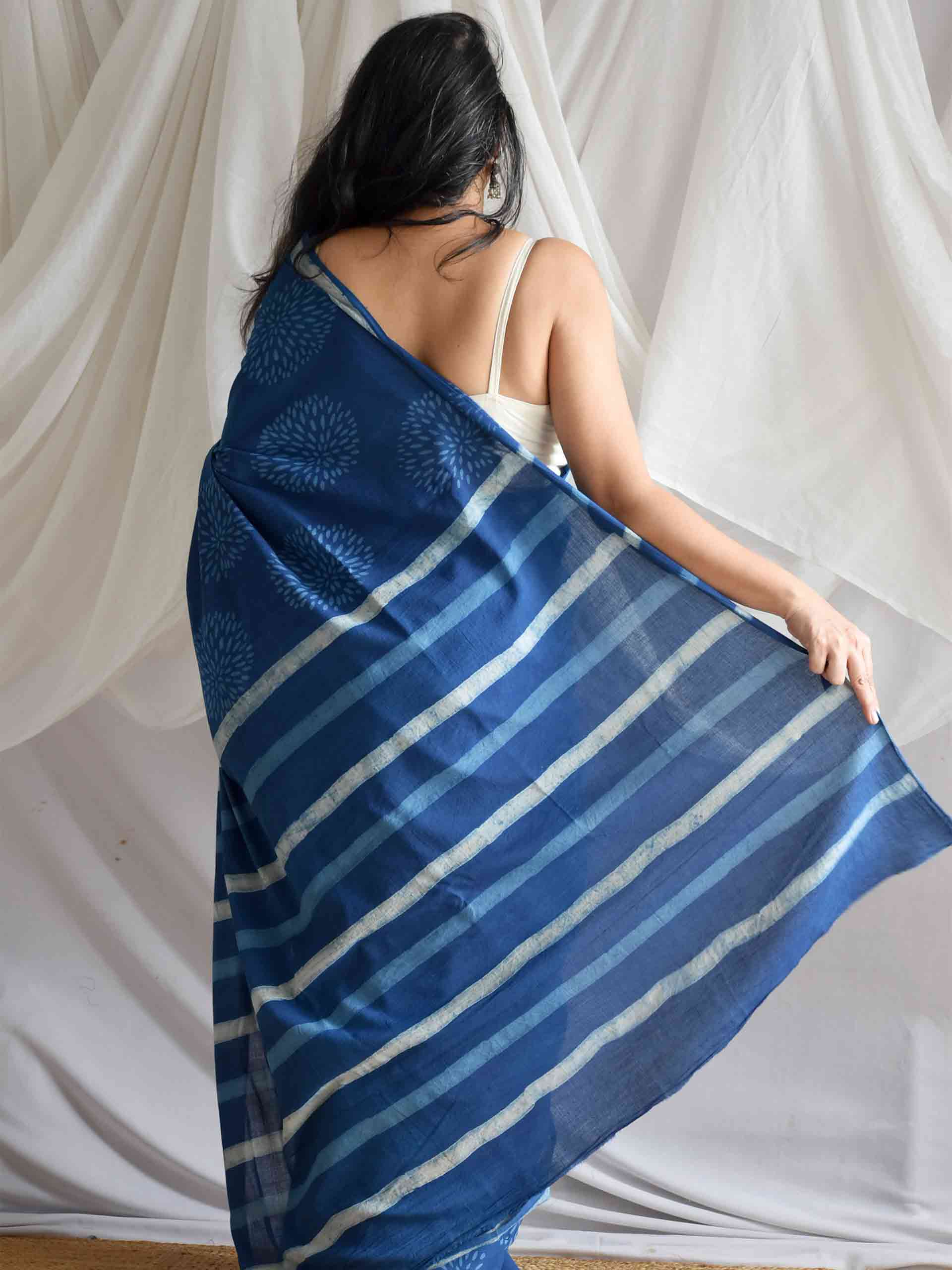 Sunflower Indigo mul cotton saree