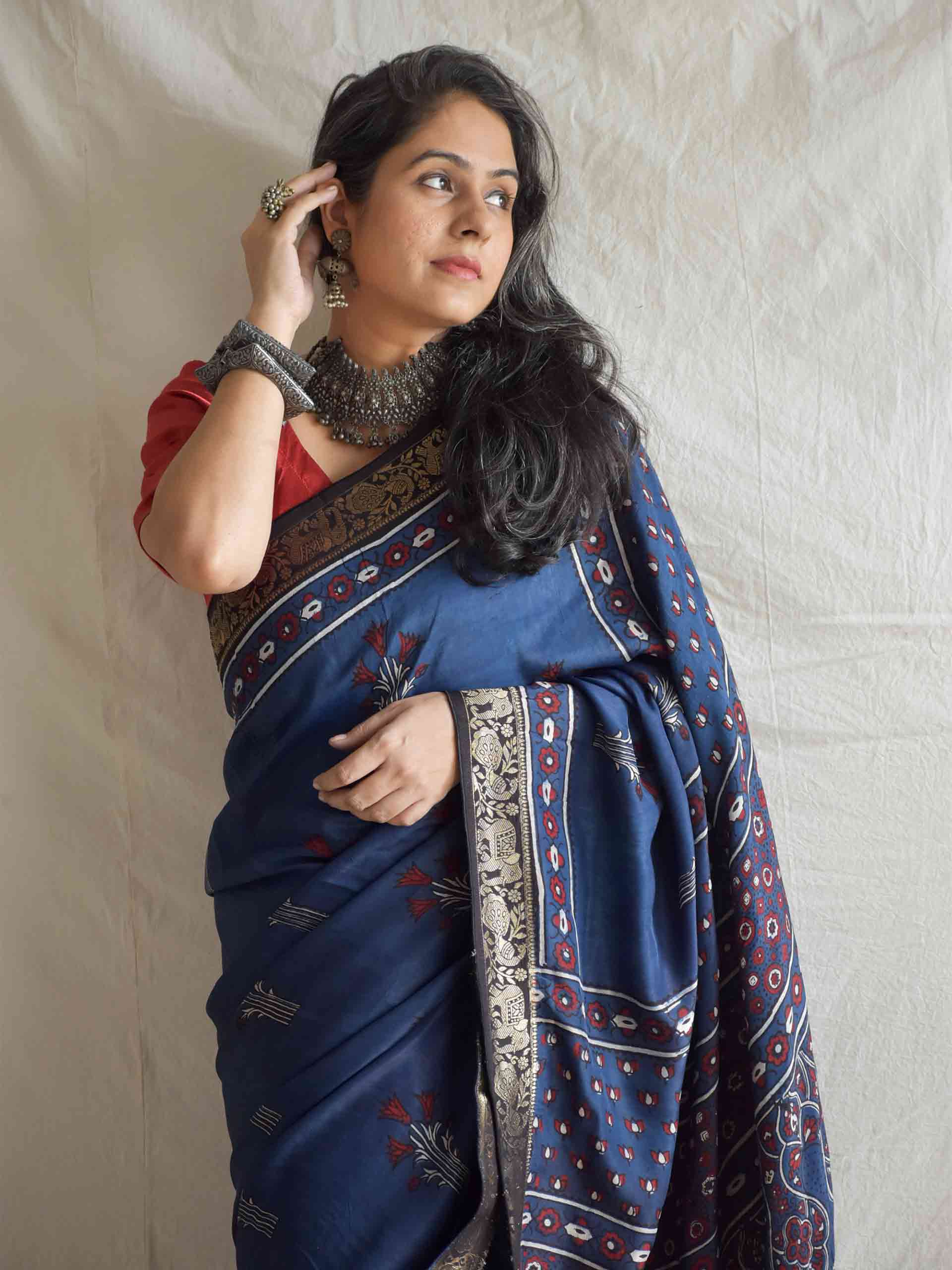 Blue love - Ajrakh  Dola silk zari pallu saree