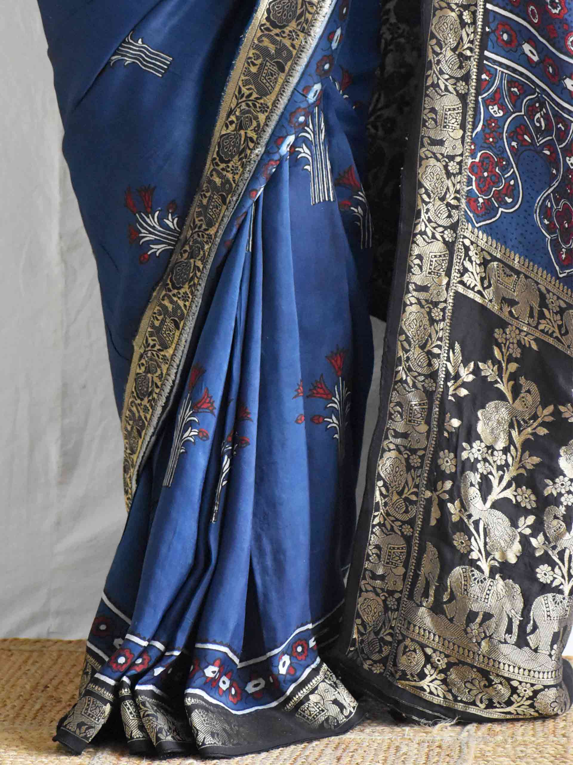 Blue love - Ajrakh  Dola silk zari pallu saree