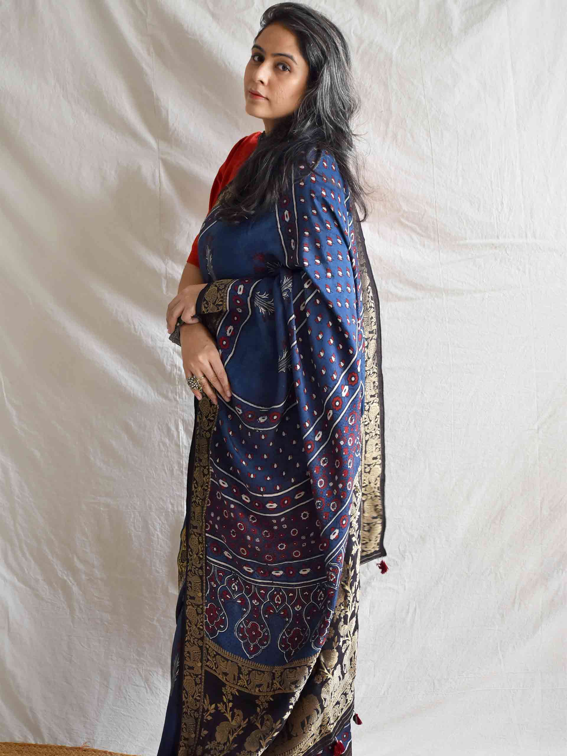 Blue love - Ajrakh  Dola silk zari pallu saree