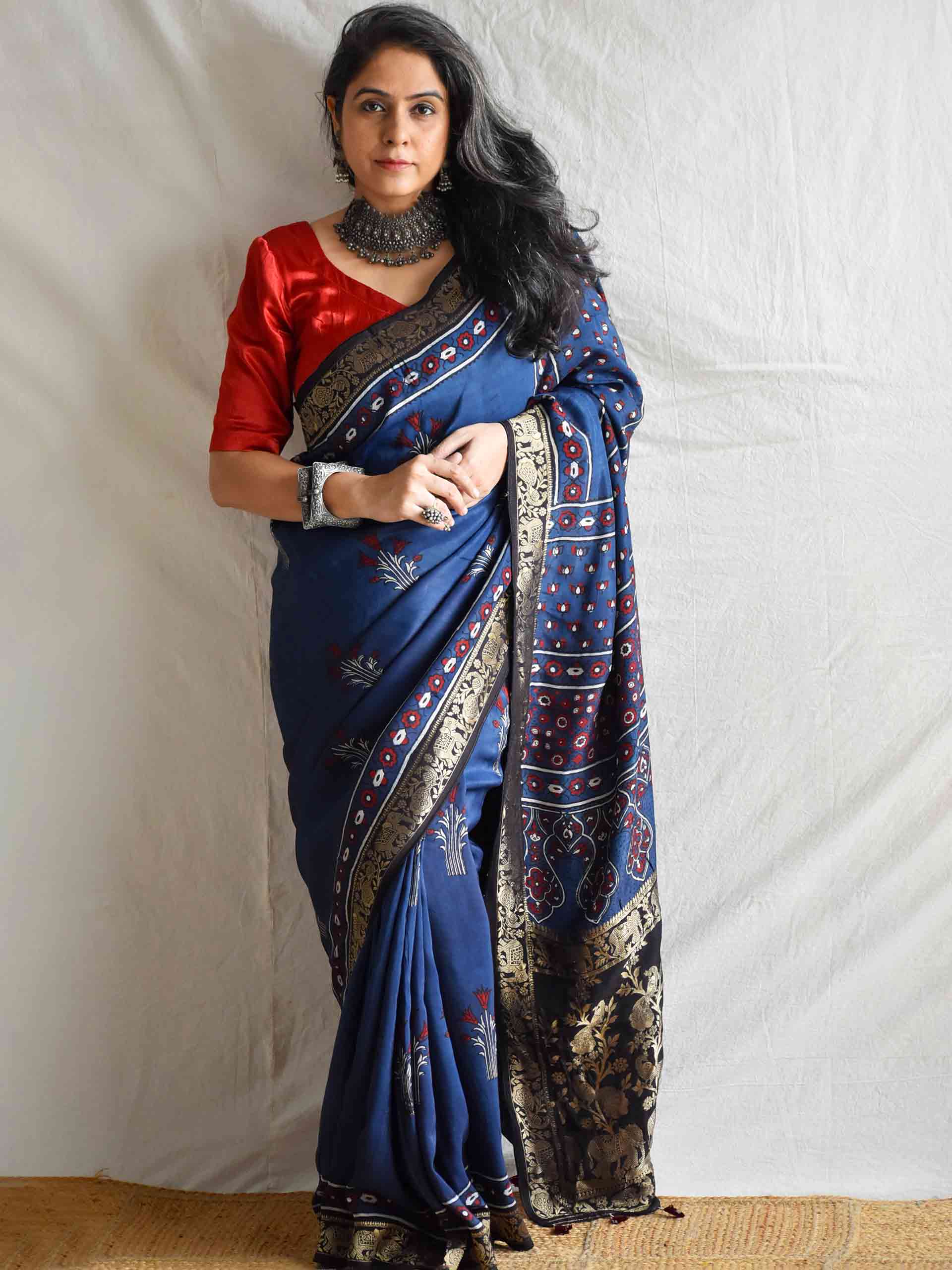 Blue love - Ajrakh  Dola silk zari pallu saree