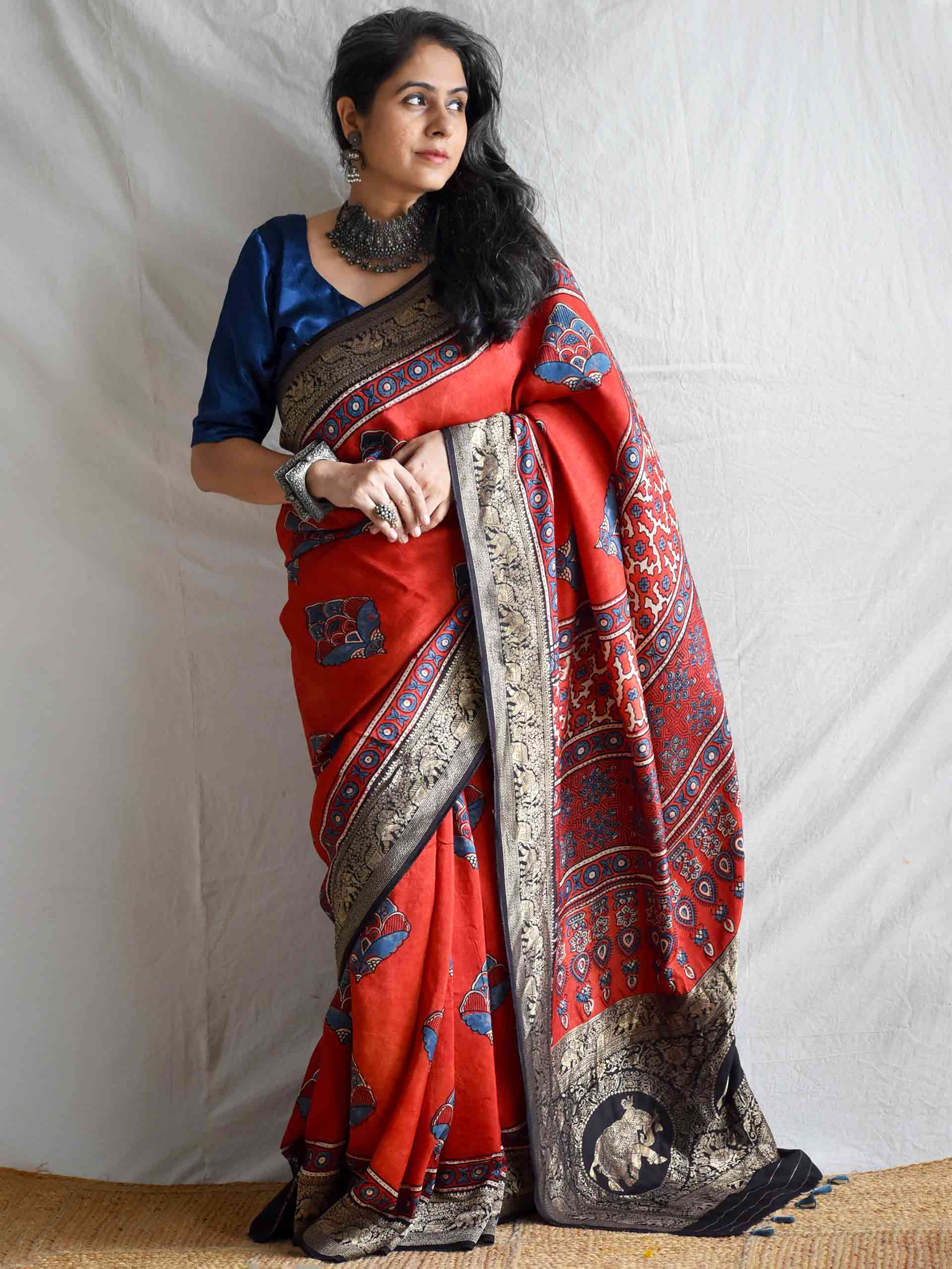 Anaar - Ajrakh  Dola silk zari pallu saree