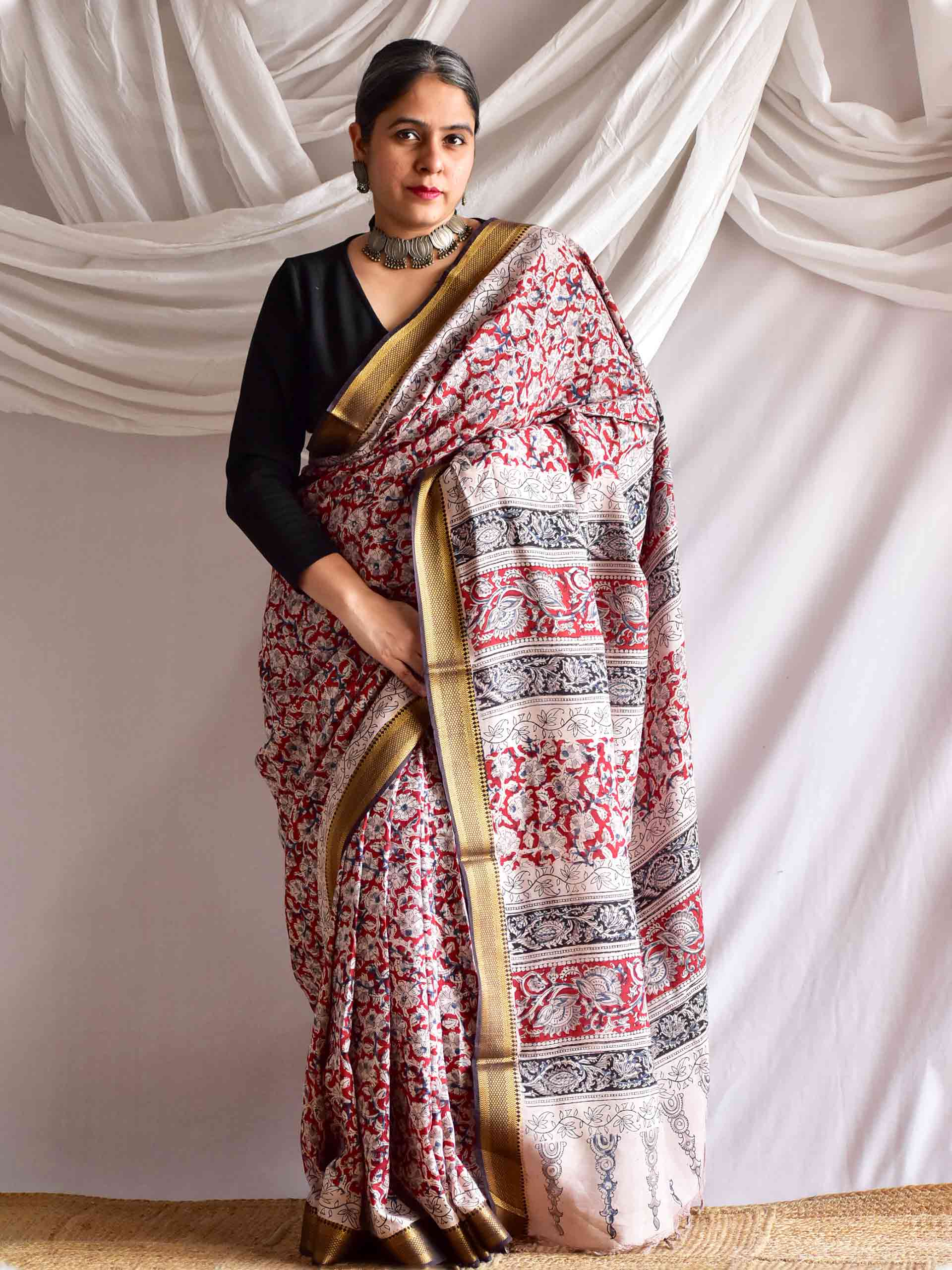 Mishti - kalamkari printed Bangalore Silk nizam border saree