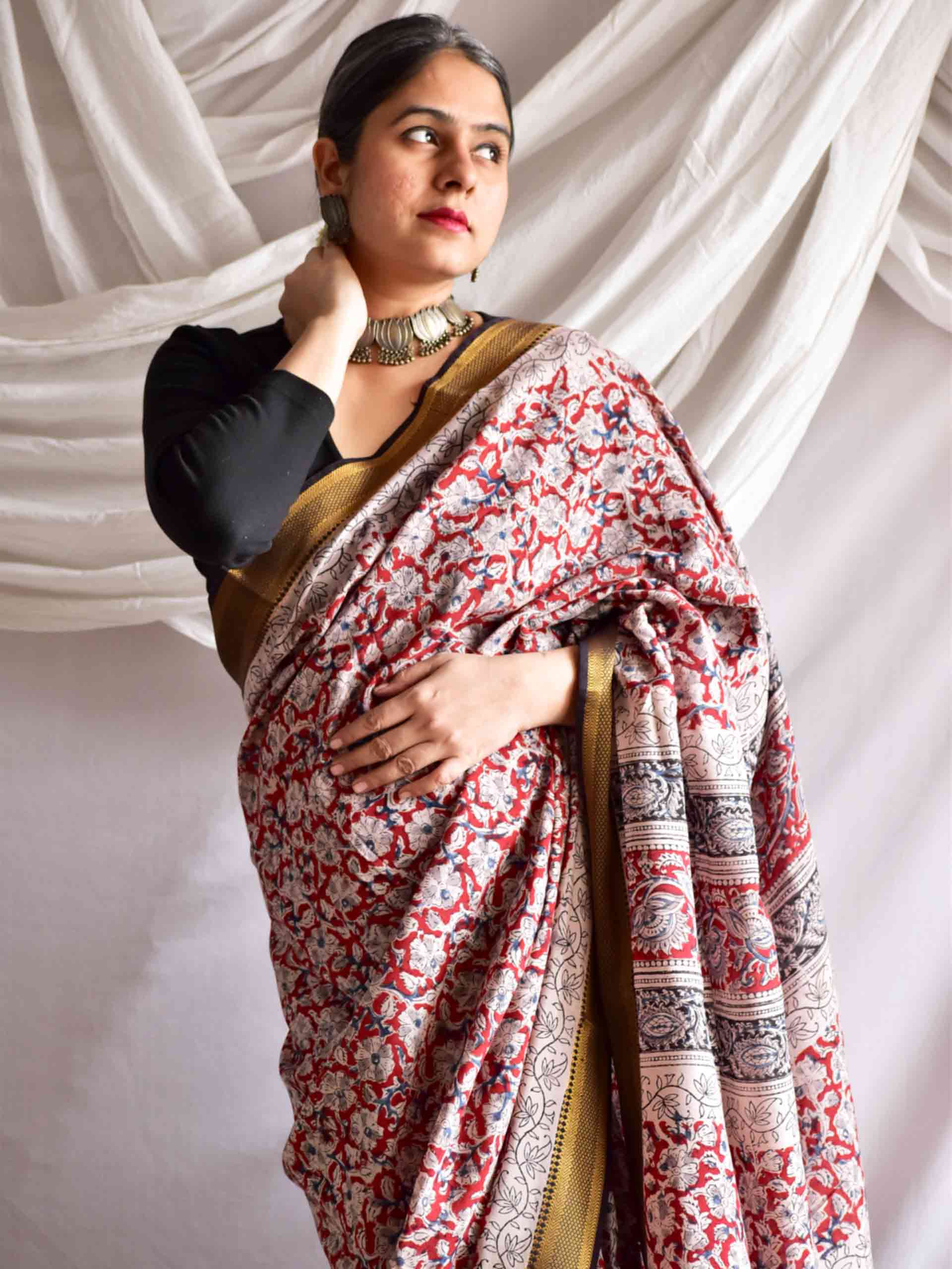 Mishti - kalamkari printed Bangalore Silk nizam border saree
