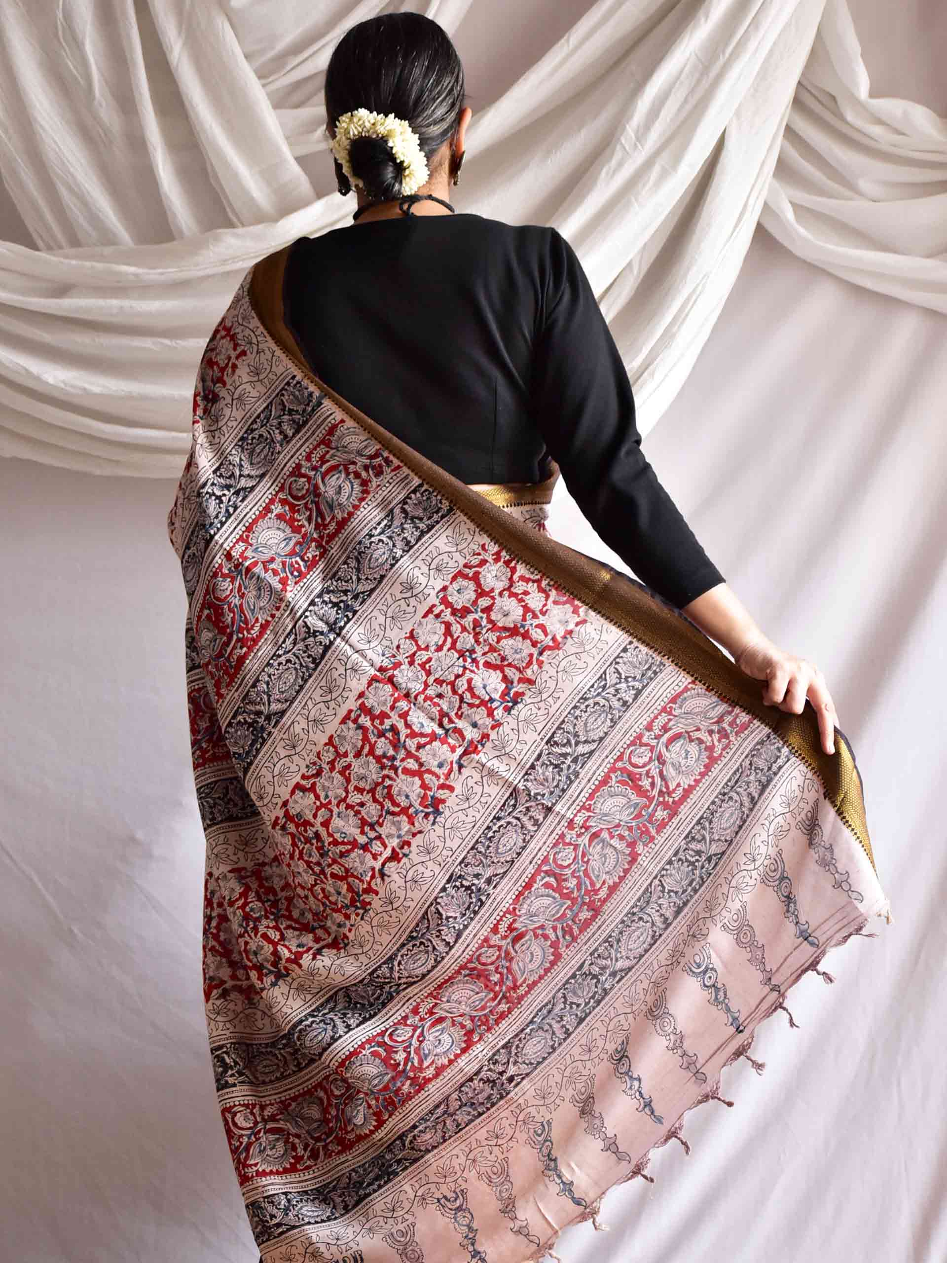 Mishti - kalamkari printed Bangalore Silk nizam border saree