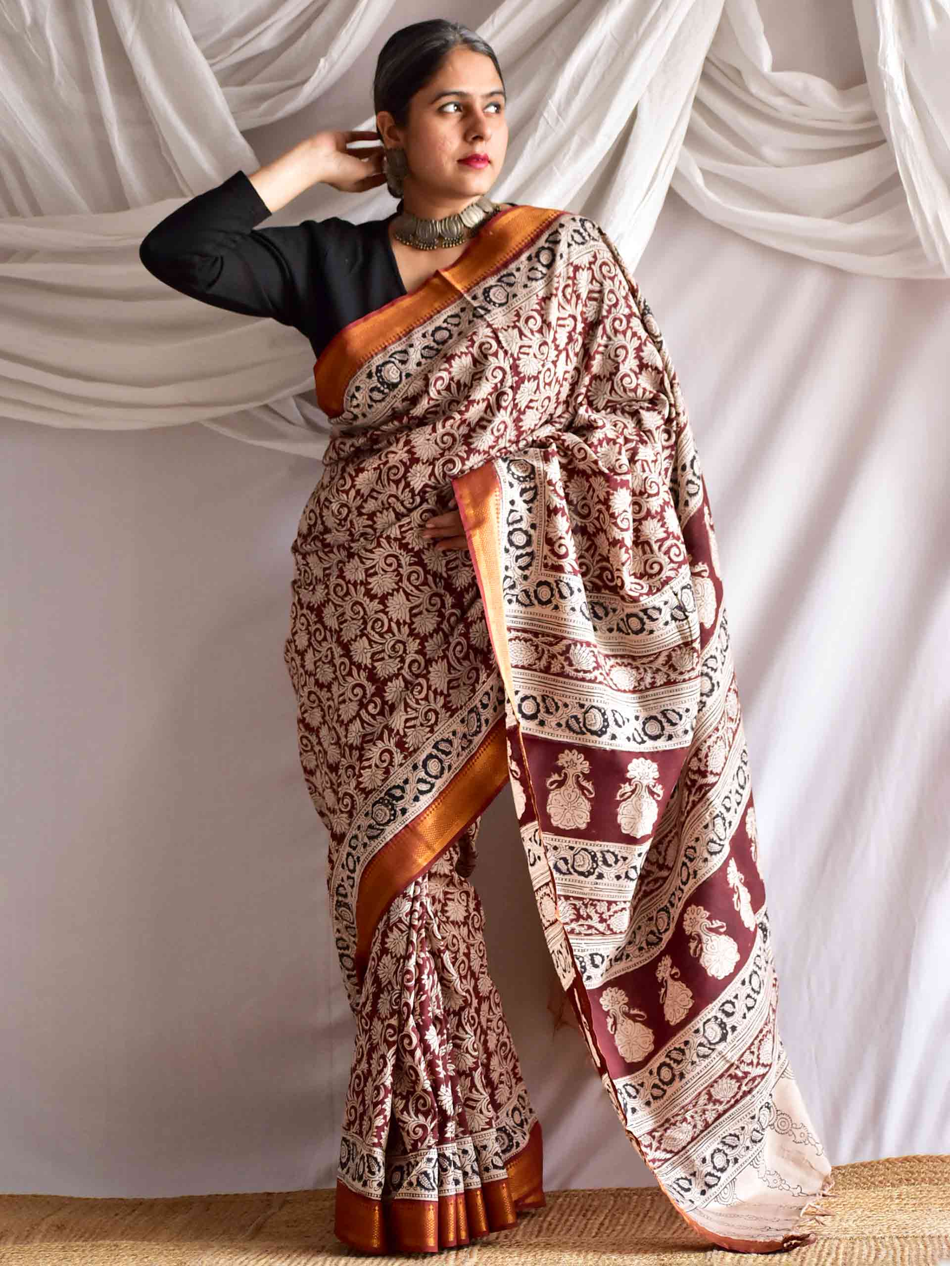 Khathai - kalamkari printed Bangalore Silk nizam border saree