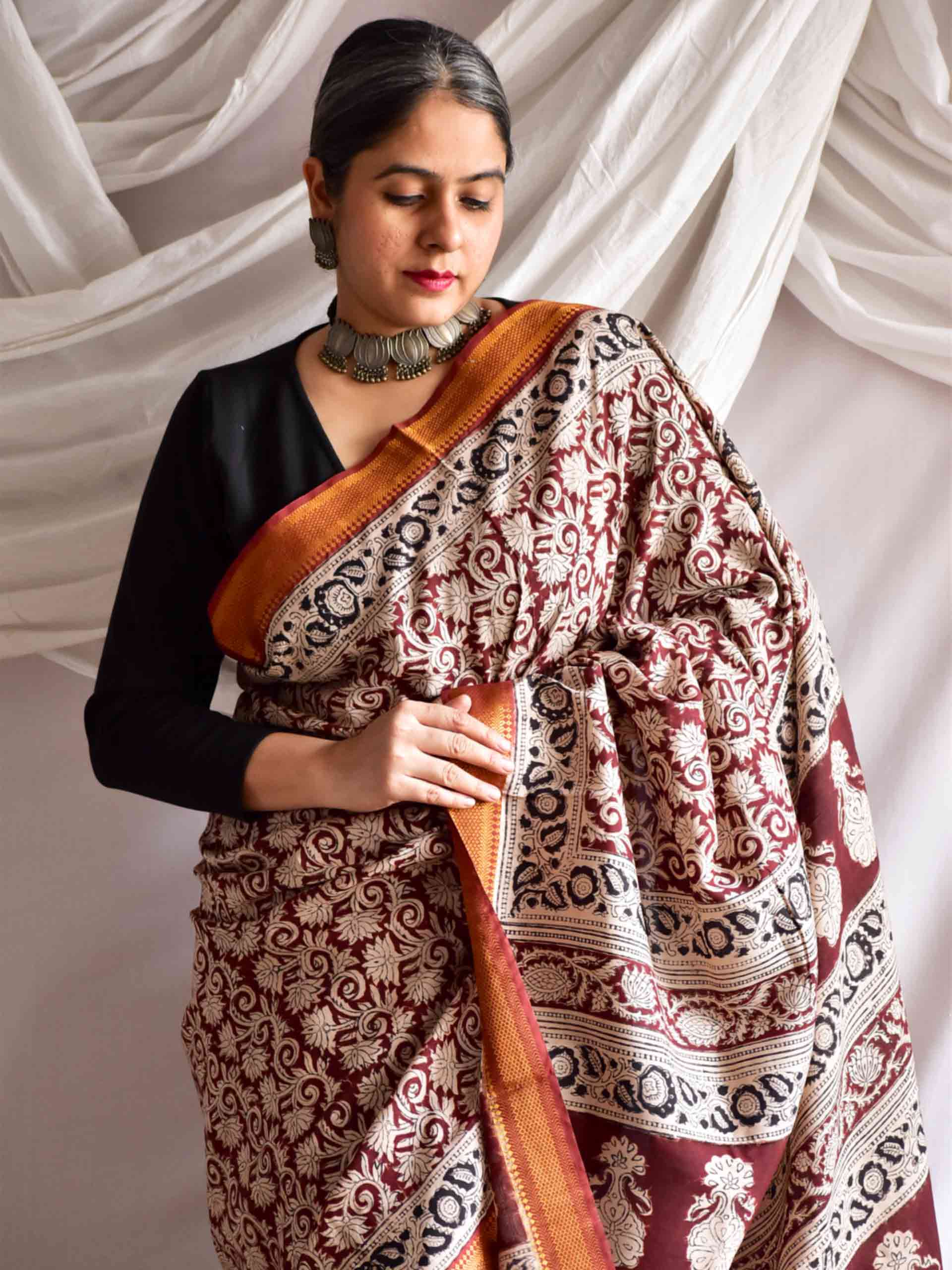 Khathai - kalamkari printed Bangalore Silk nizam border saree