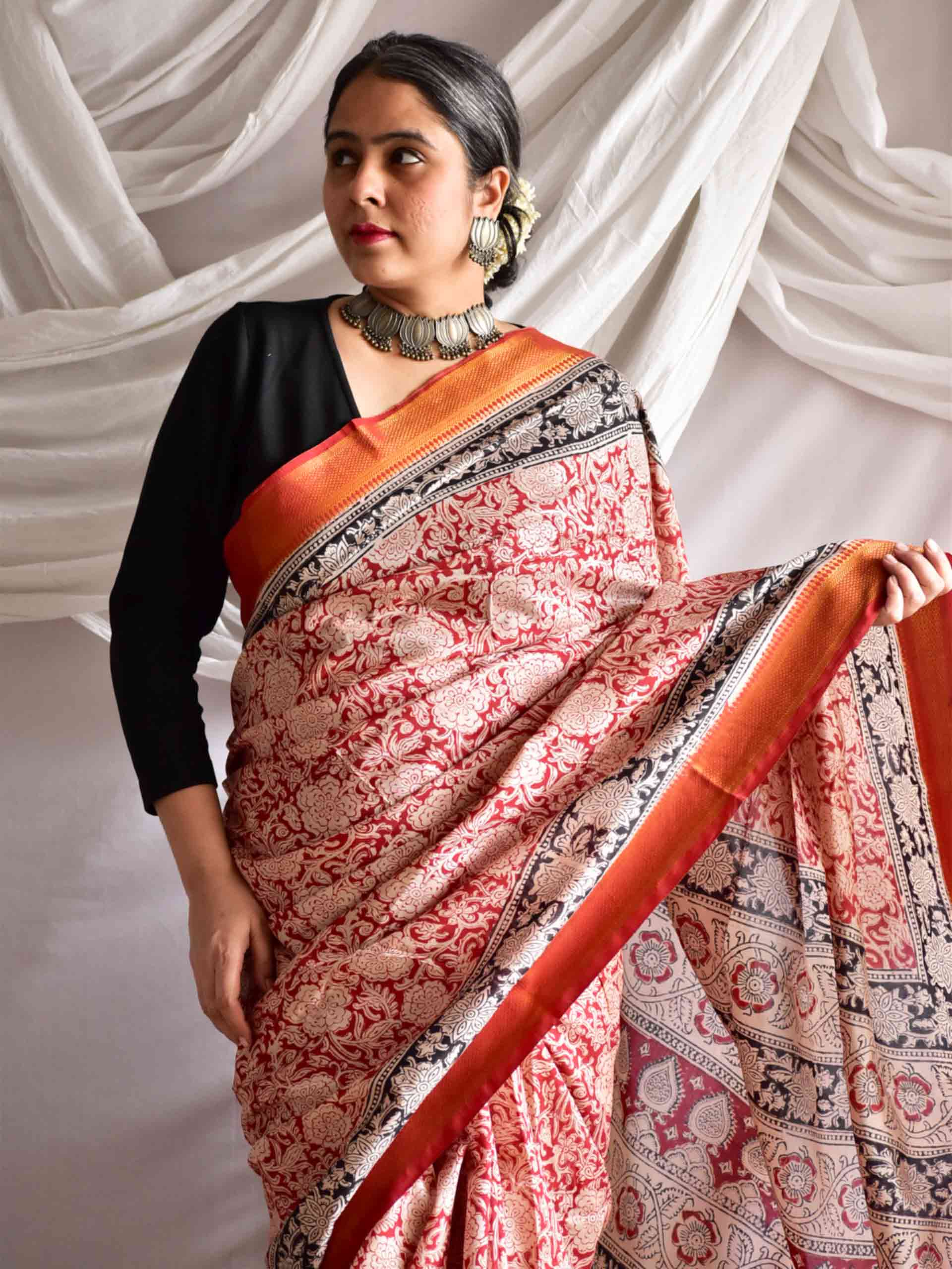 Rukhsaar - kalamkari printed Bangalore Silk nizam border saree