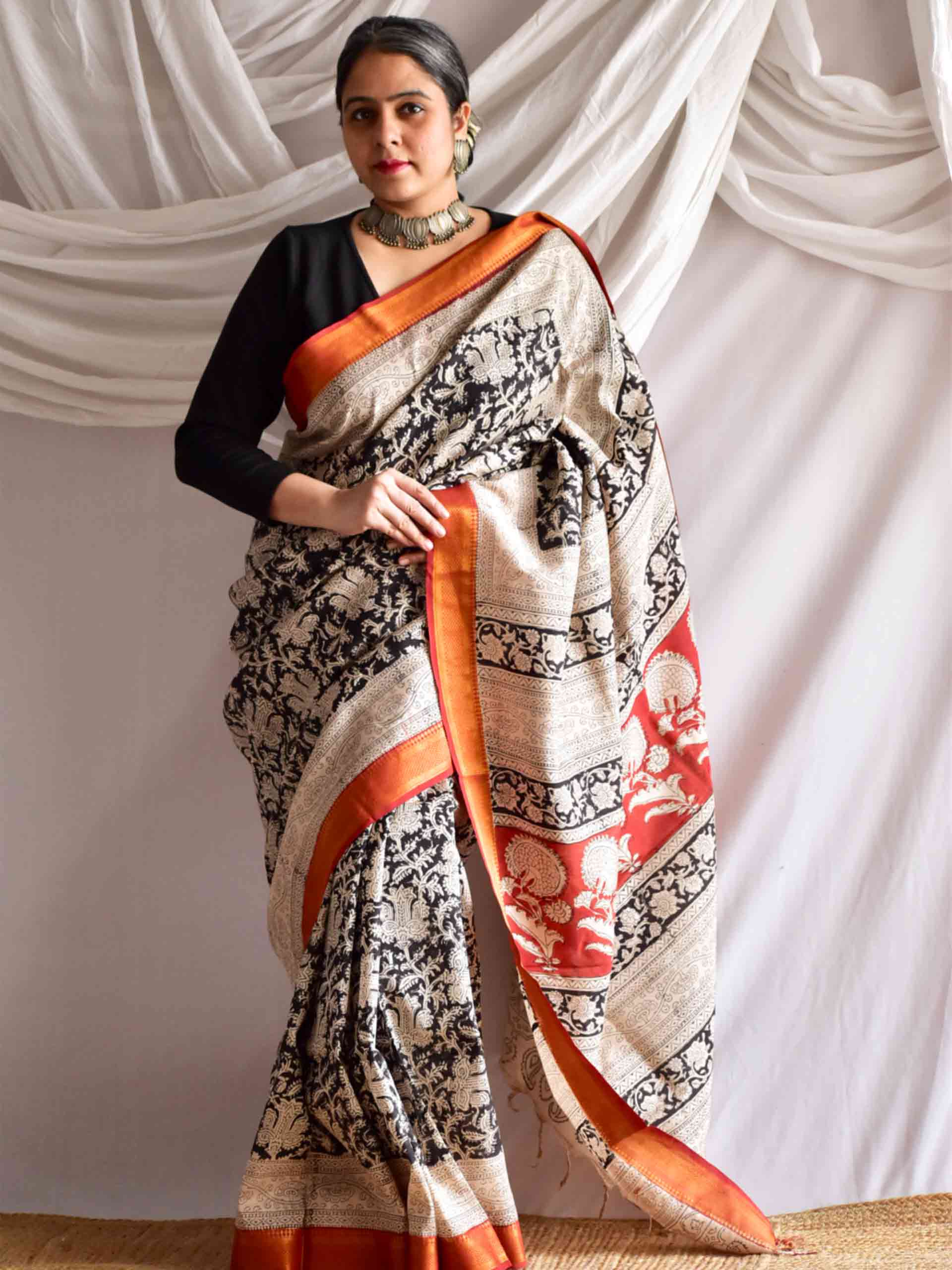 Raat rani - kalamkari printed Bangalore Silk nizam border saree