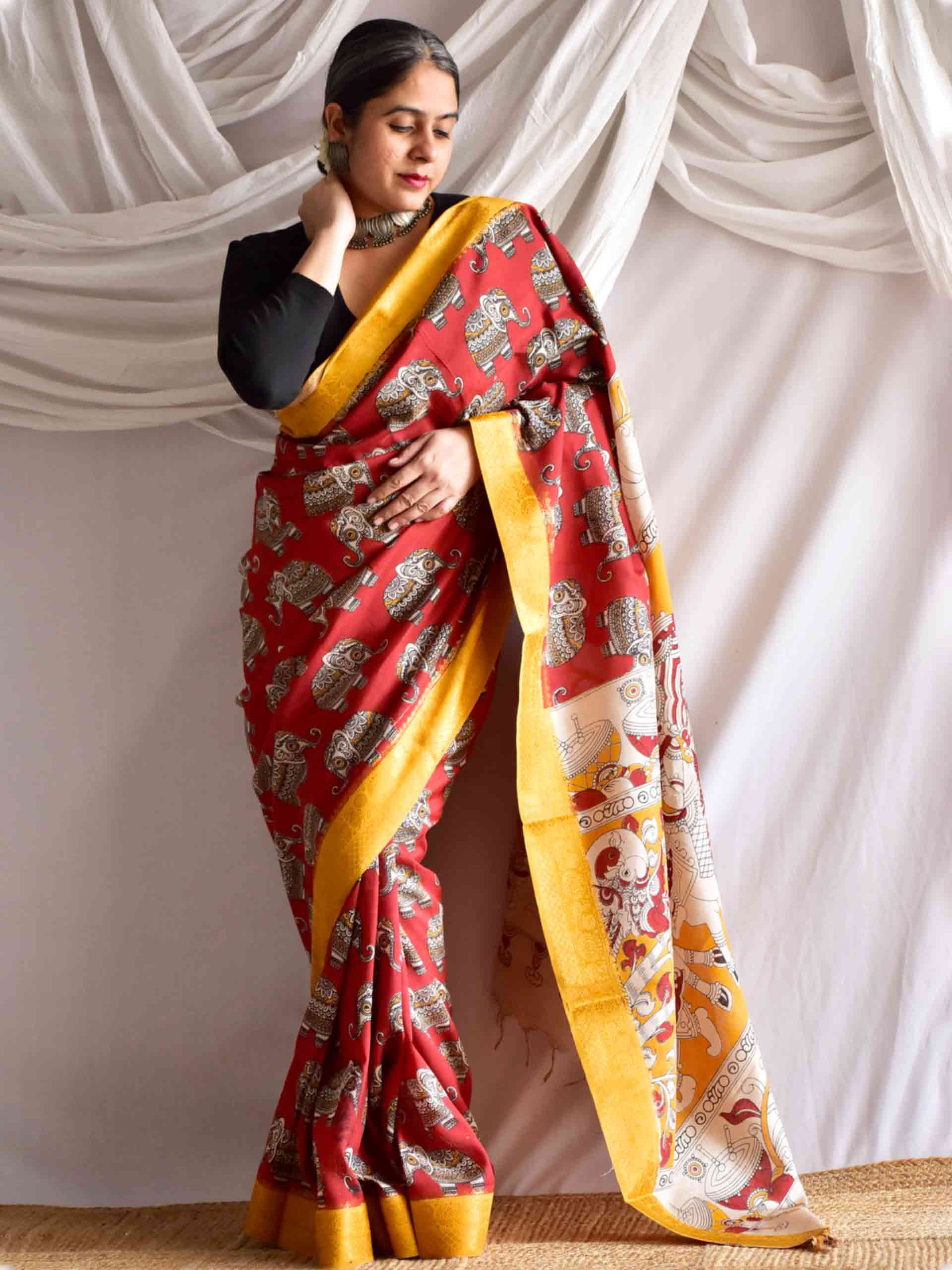 Gajgaamini - kalamkari printed Bangalore Silk nizam border saree