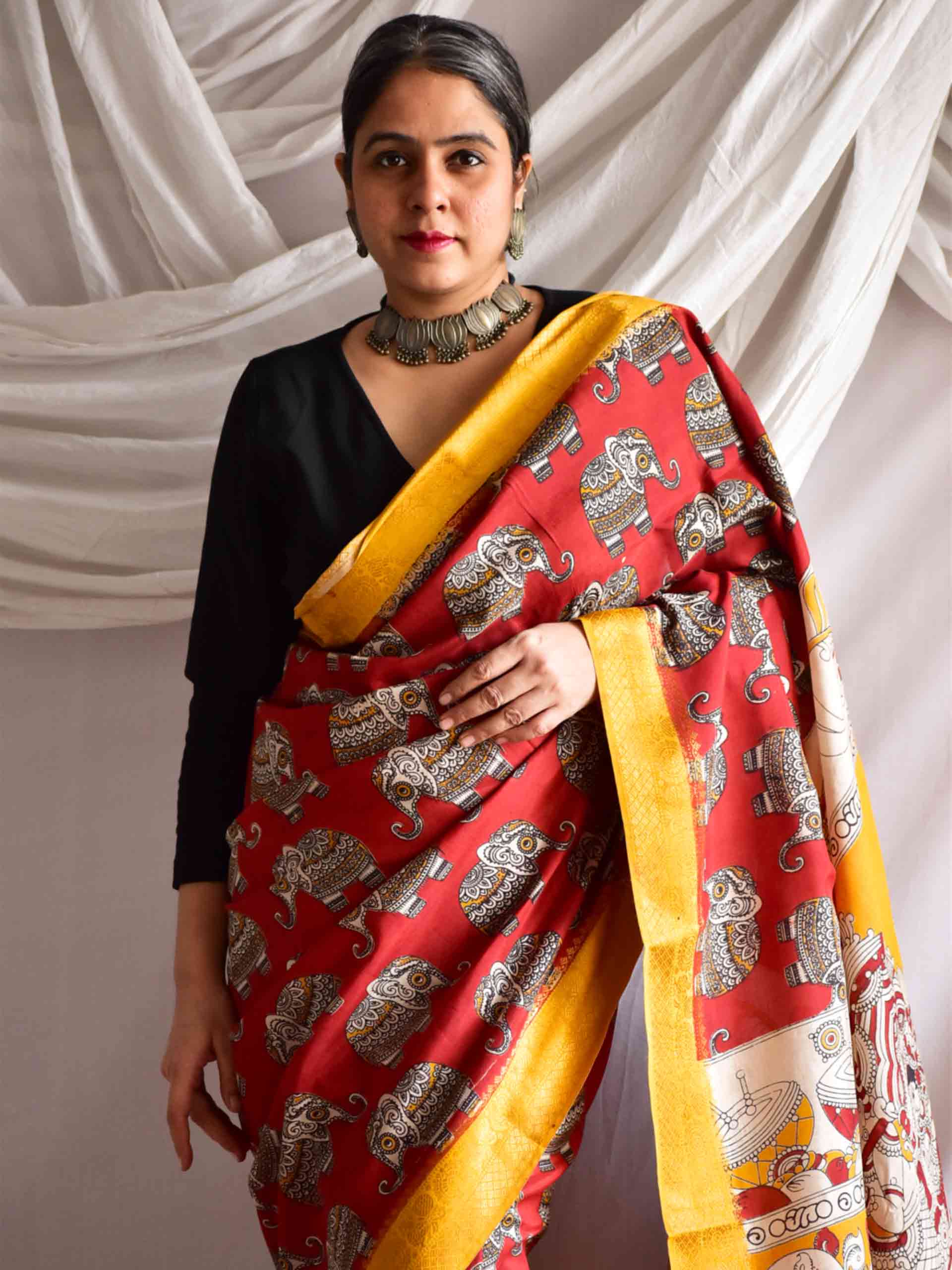 Gajgaamini - kalamkari printed Bangalore Silk nizam border saree