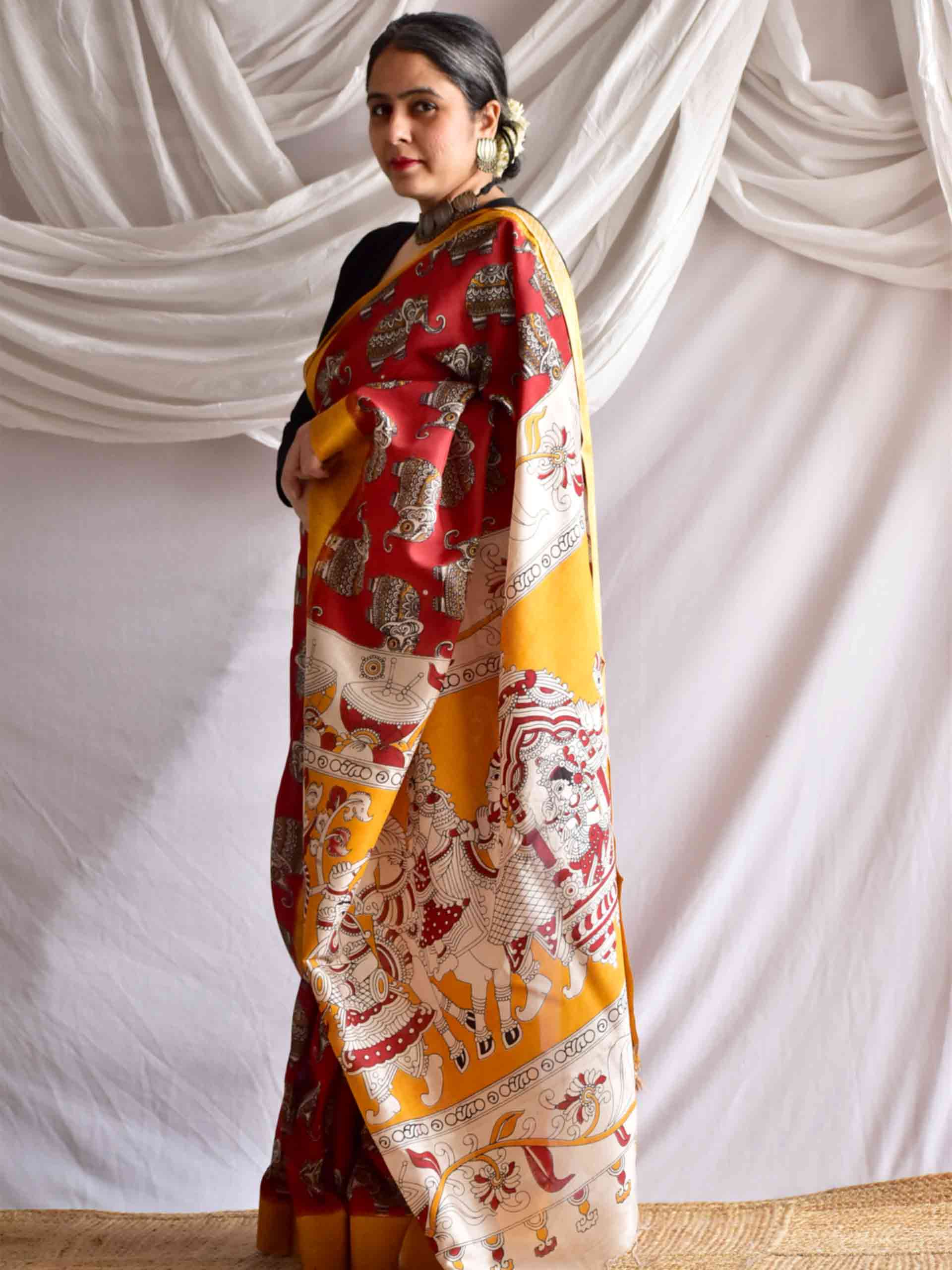 Gajgaamini - kalamkari printed Bangalore Silk nizam border saree