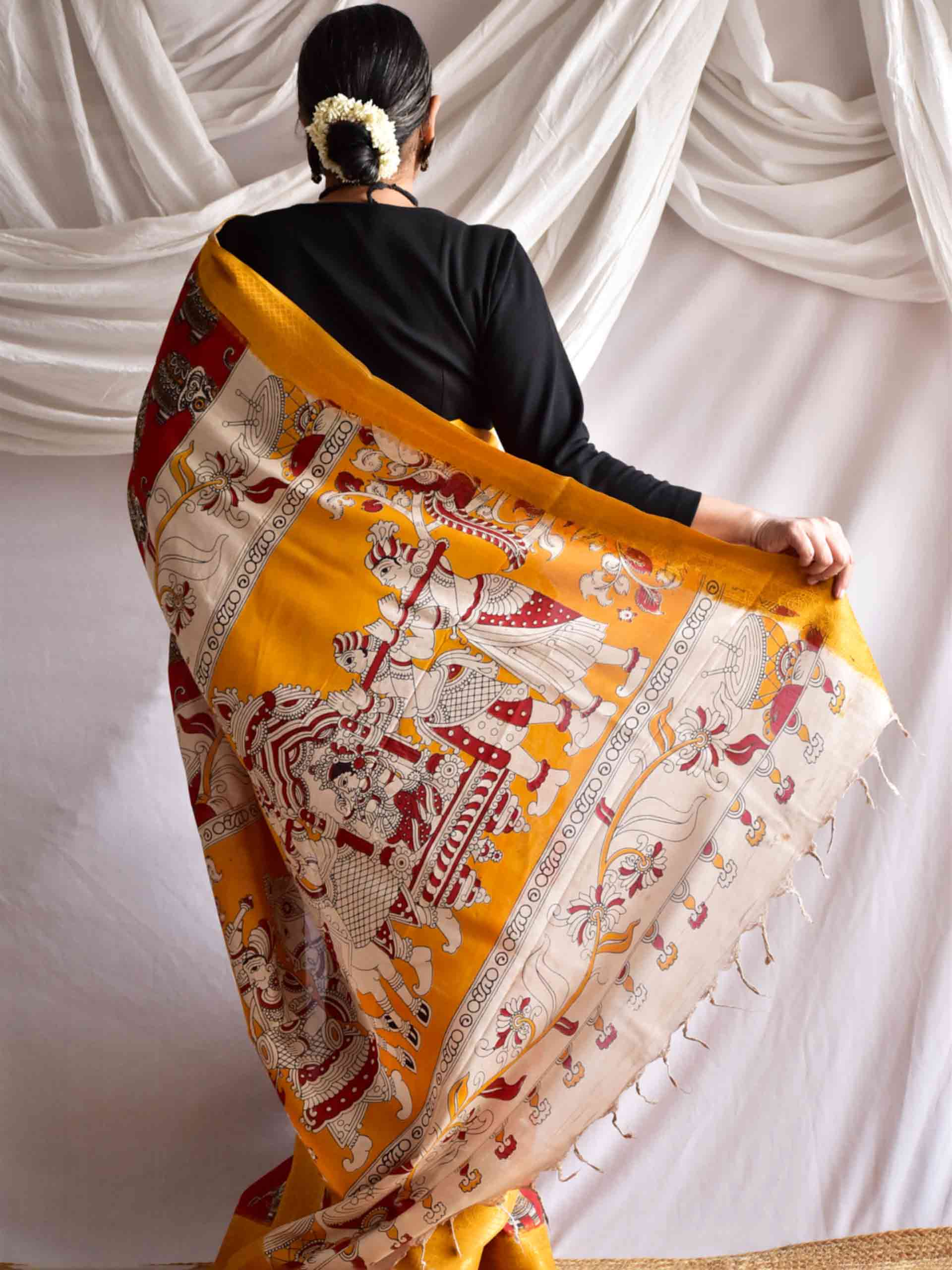 Gajgaamini - kalamkari printed Bangalore Silk nizam border saree