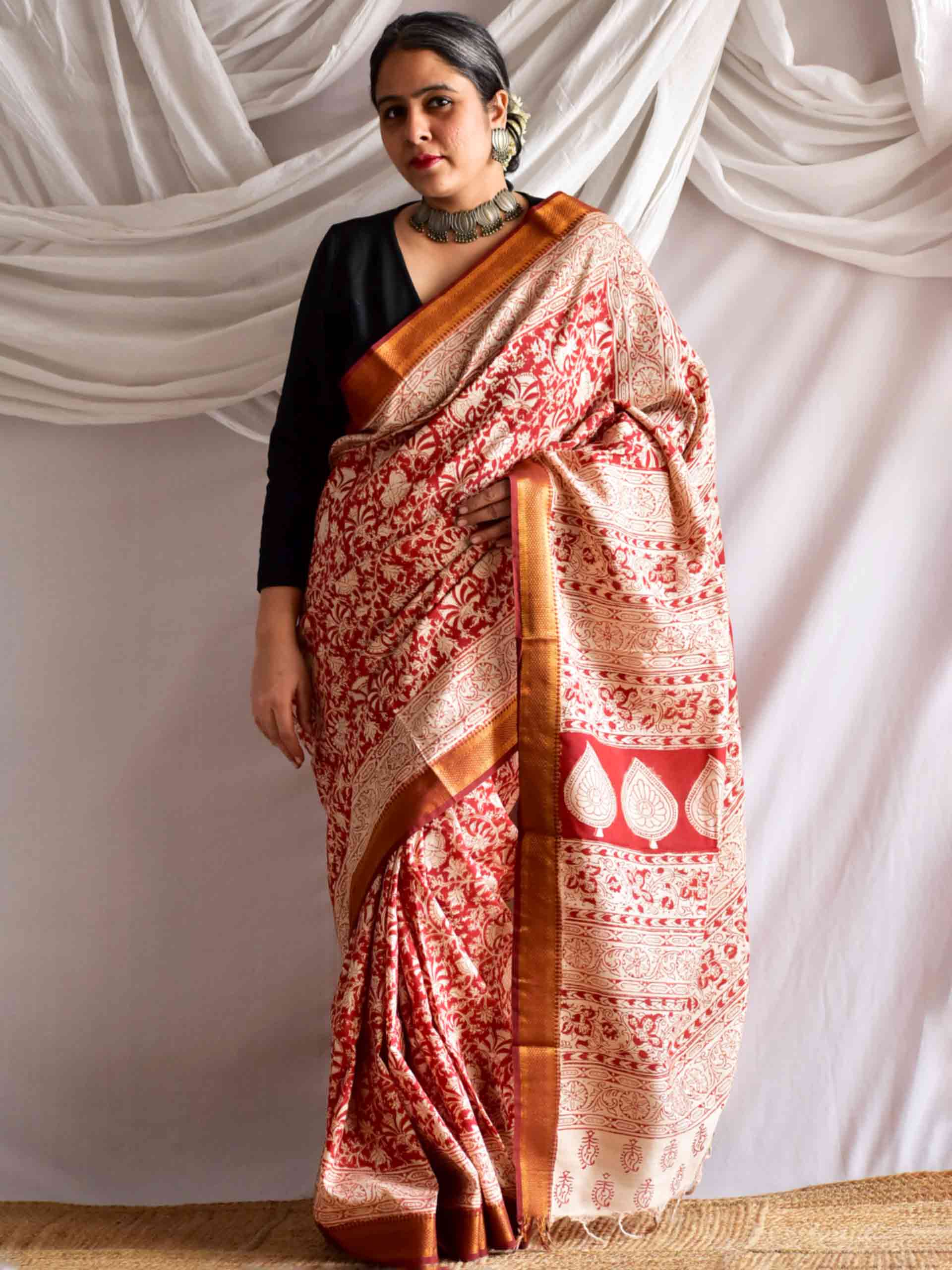 Gerua - kalamkari printed Bangalore Silk nizam border saree