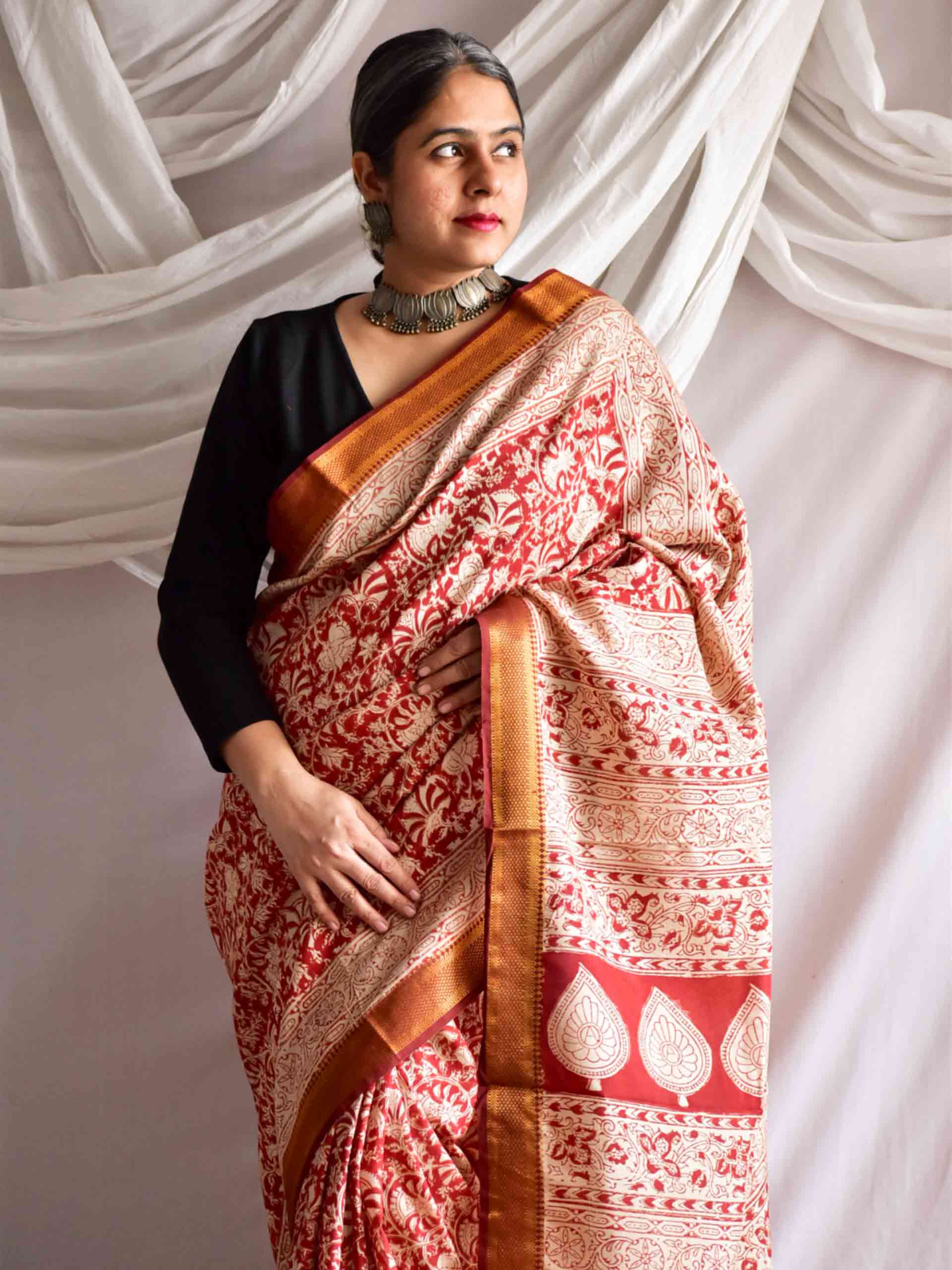 Gerua - kalamkari printed Bangalore Silk nizam border saree