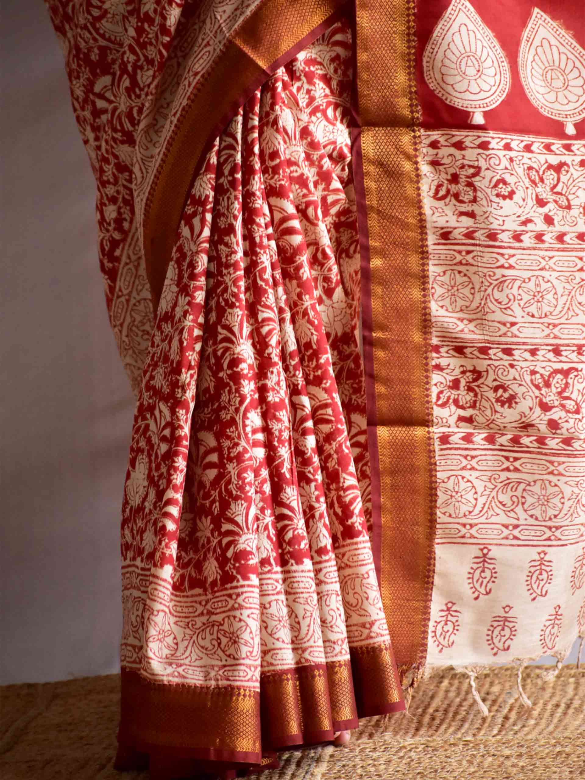 Gerua - kalamkari printed Bangalore Silk nizam border saree
