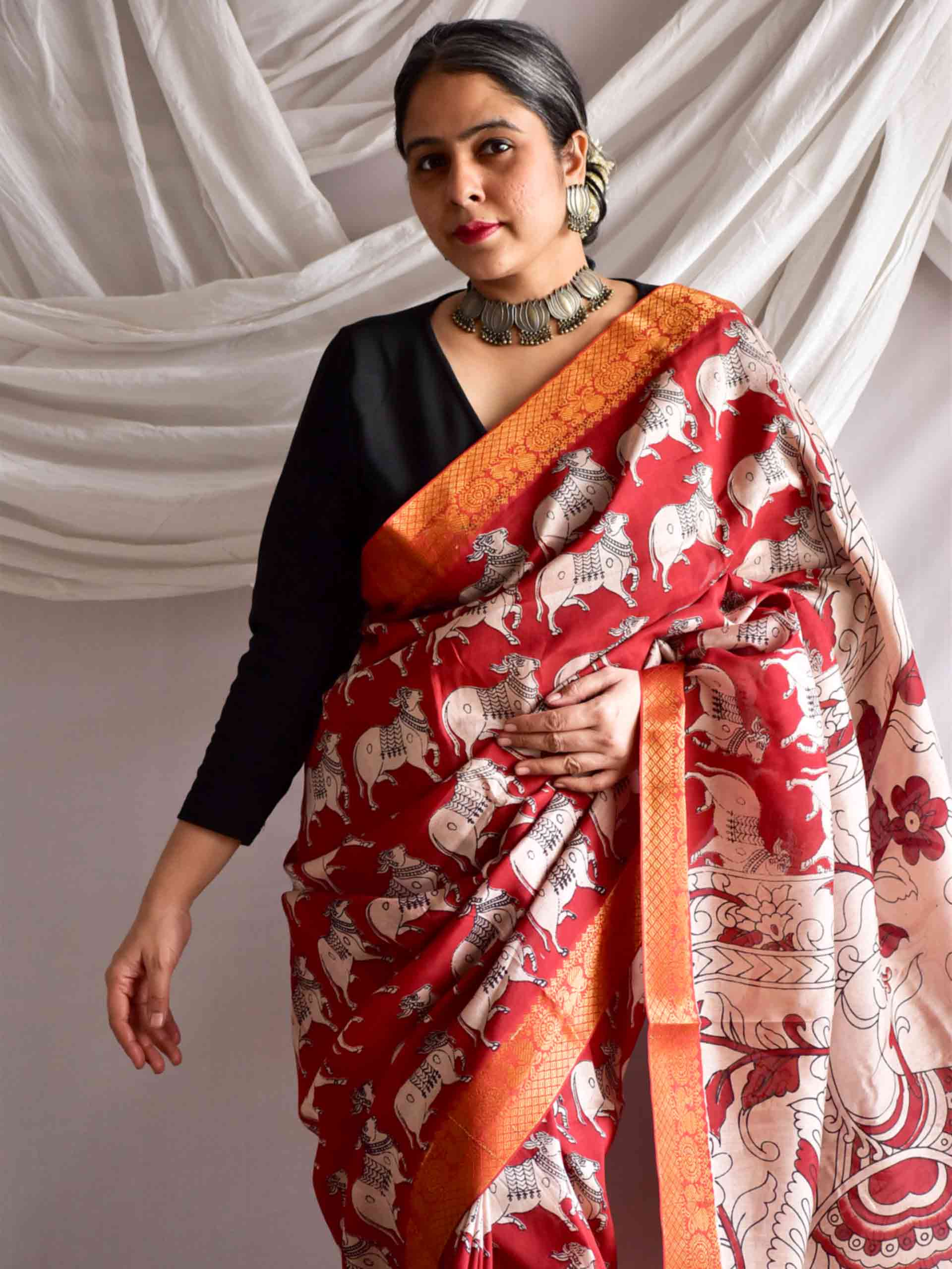 Pichwai - kalamkari printed Bangalore Silk nizam border saree