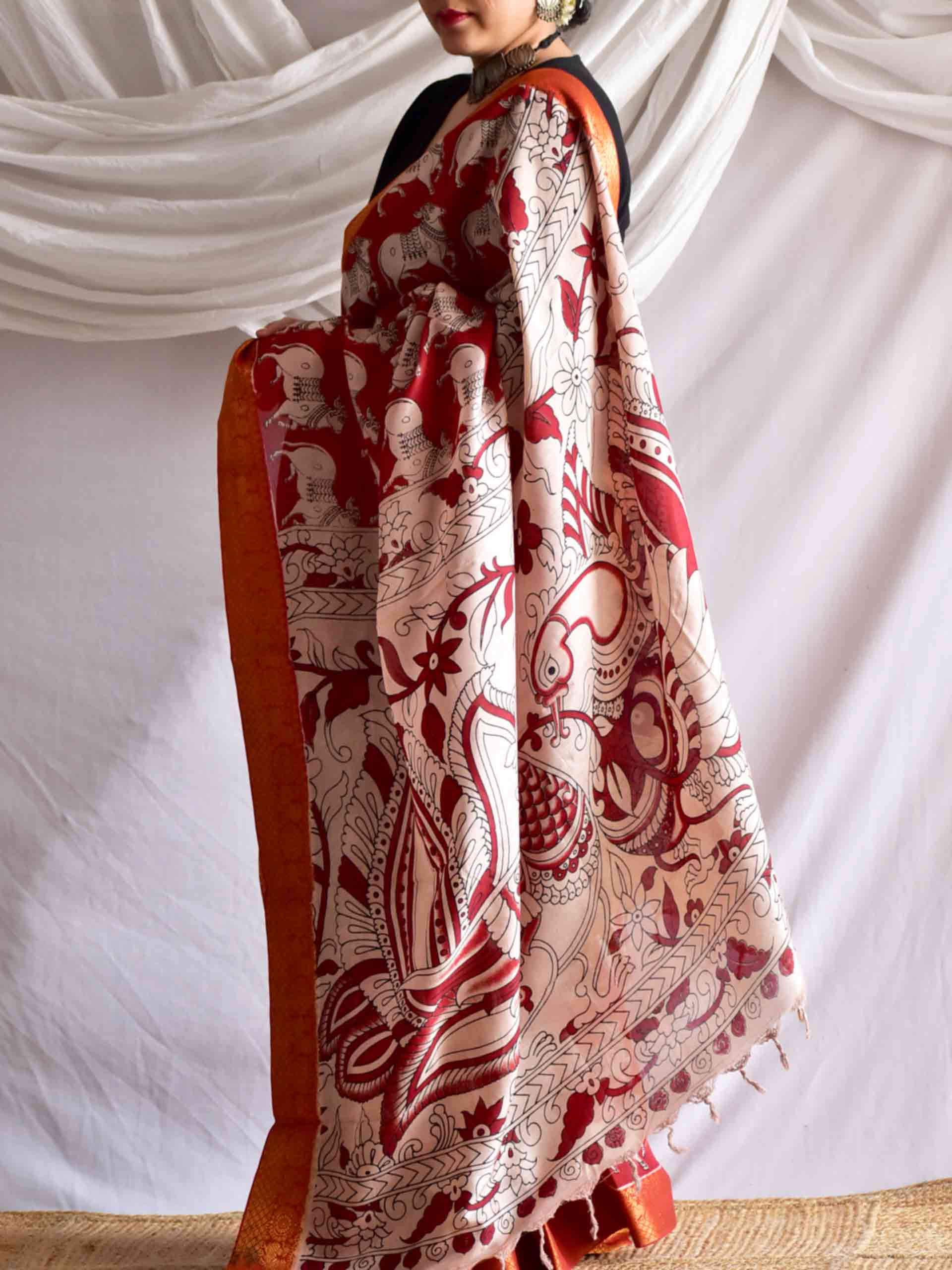 Pichwai - kalamkari printed Bangalore Silk nizam border saree