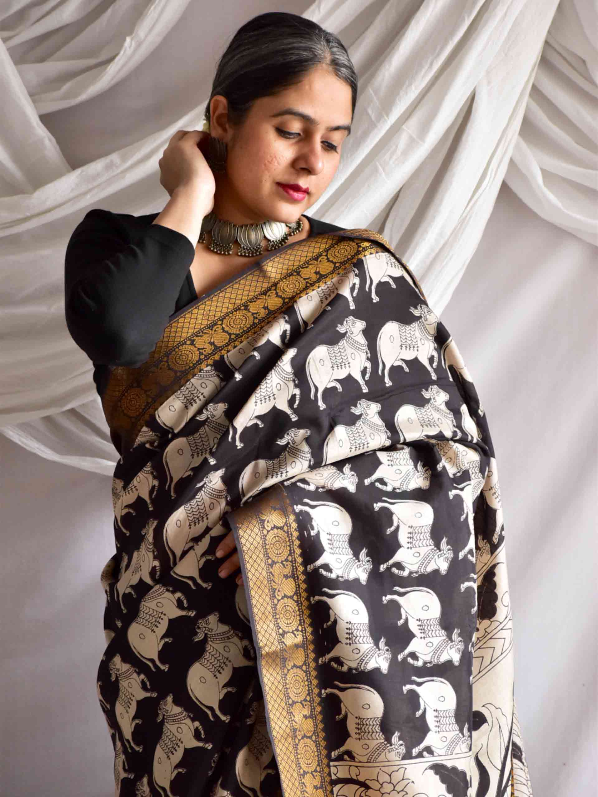 Kaal - kalamkari printed Bangalore Silk nizam border saree
