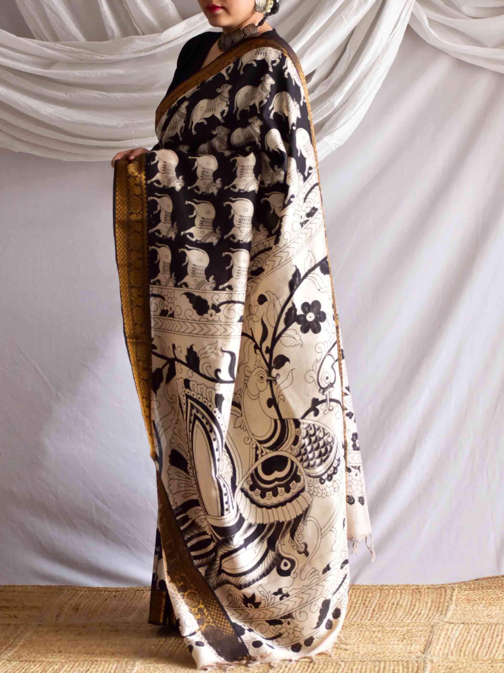 Kaal - kalamkari printed Bangalore Silk nizam border saree