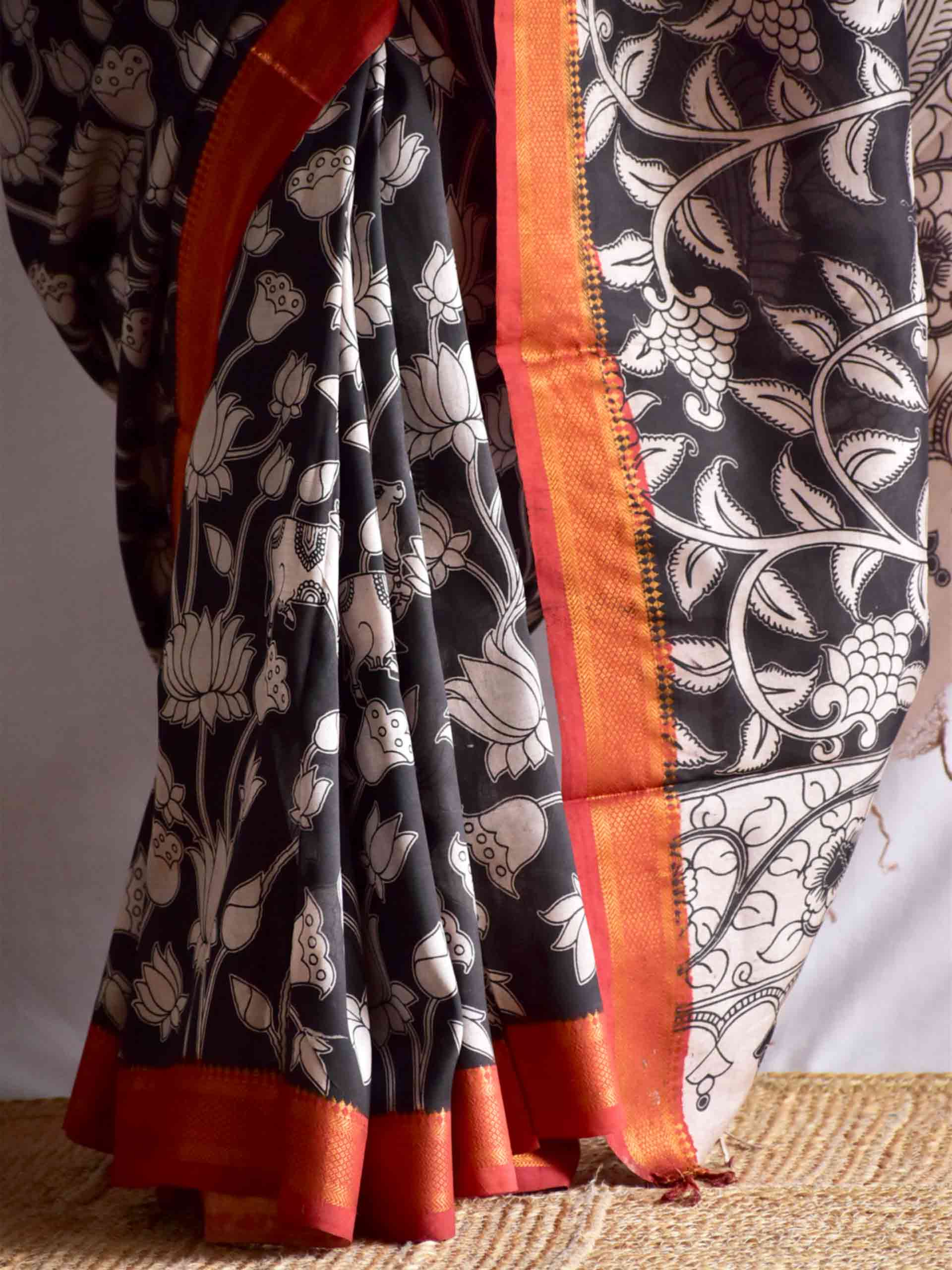 Kamal chaya - kalamkari printed Bangalore Silk nizam border saree