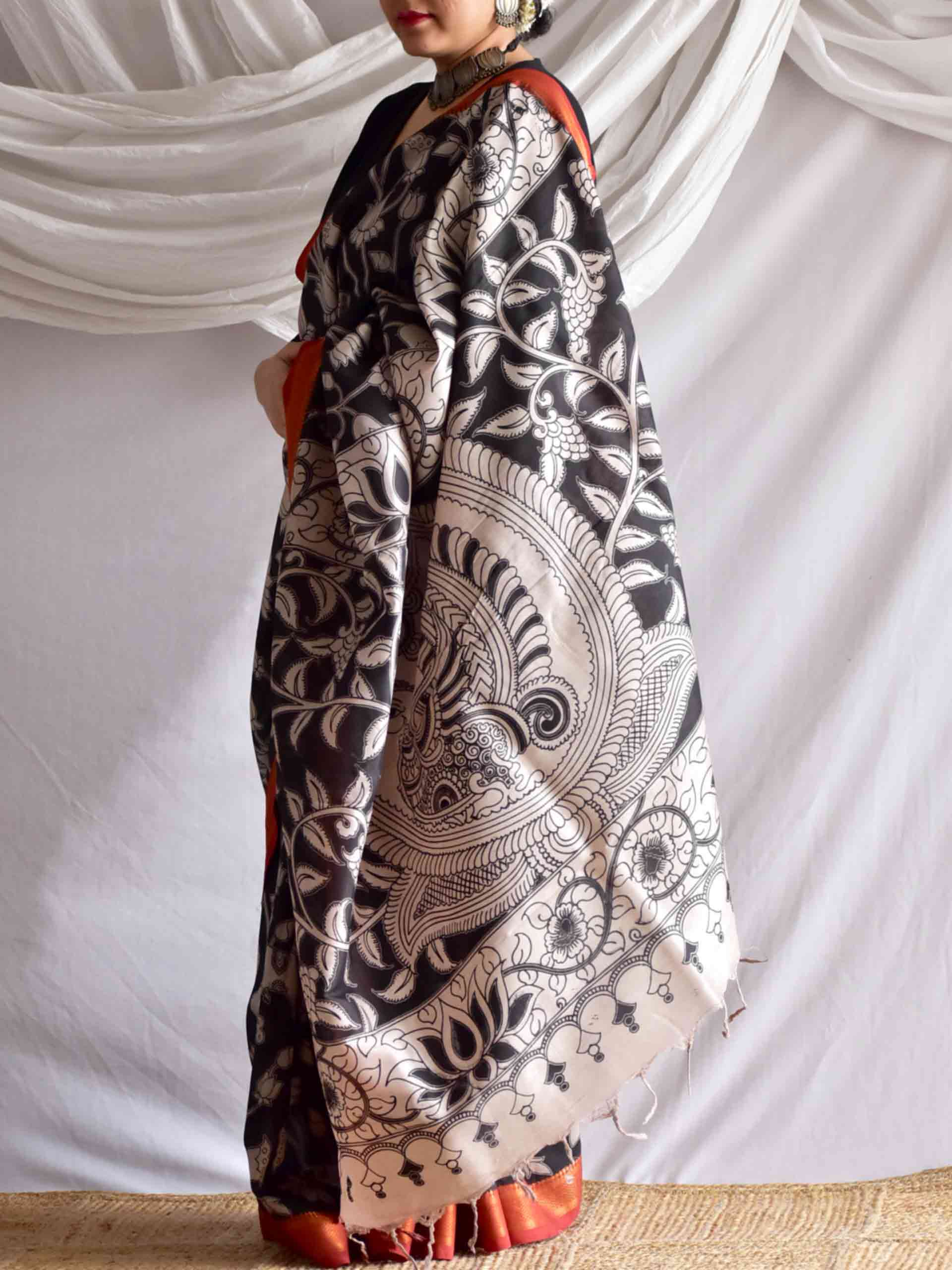 Kamal chaya - kalamkari printed Bangalore Silk nizam border saree