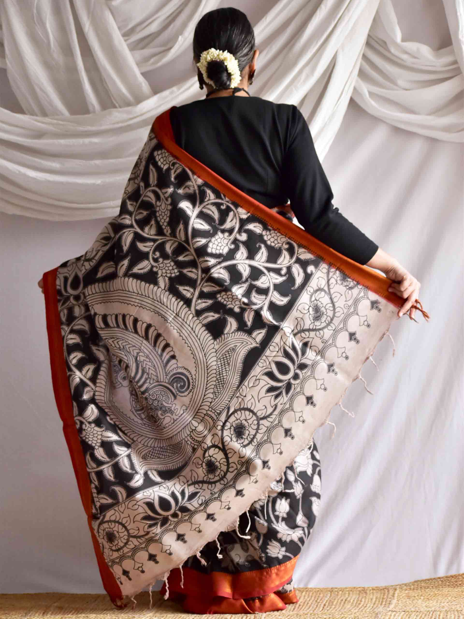 Kamal chaya - kalamkari printed Bangalore Silk nizam border saree