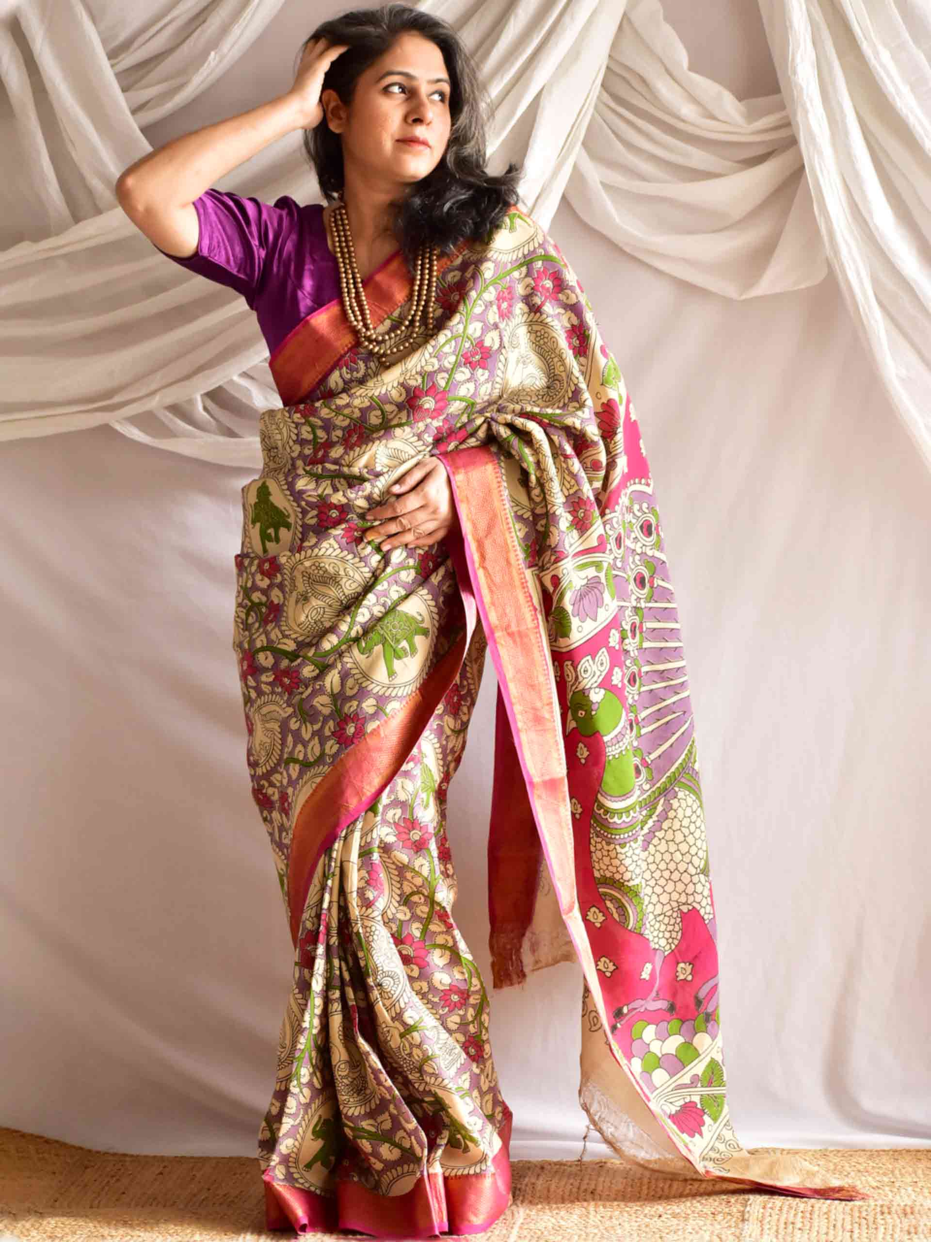Nirvana - kalamkari printed Bangalore Silk nizam border saree