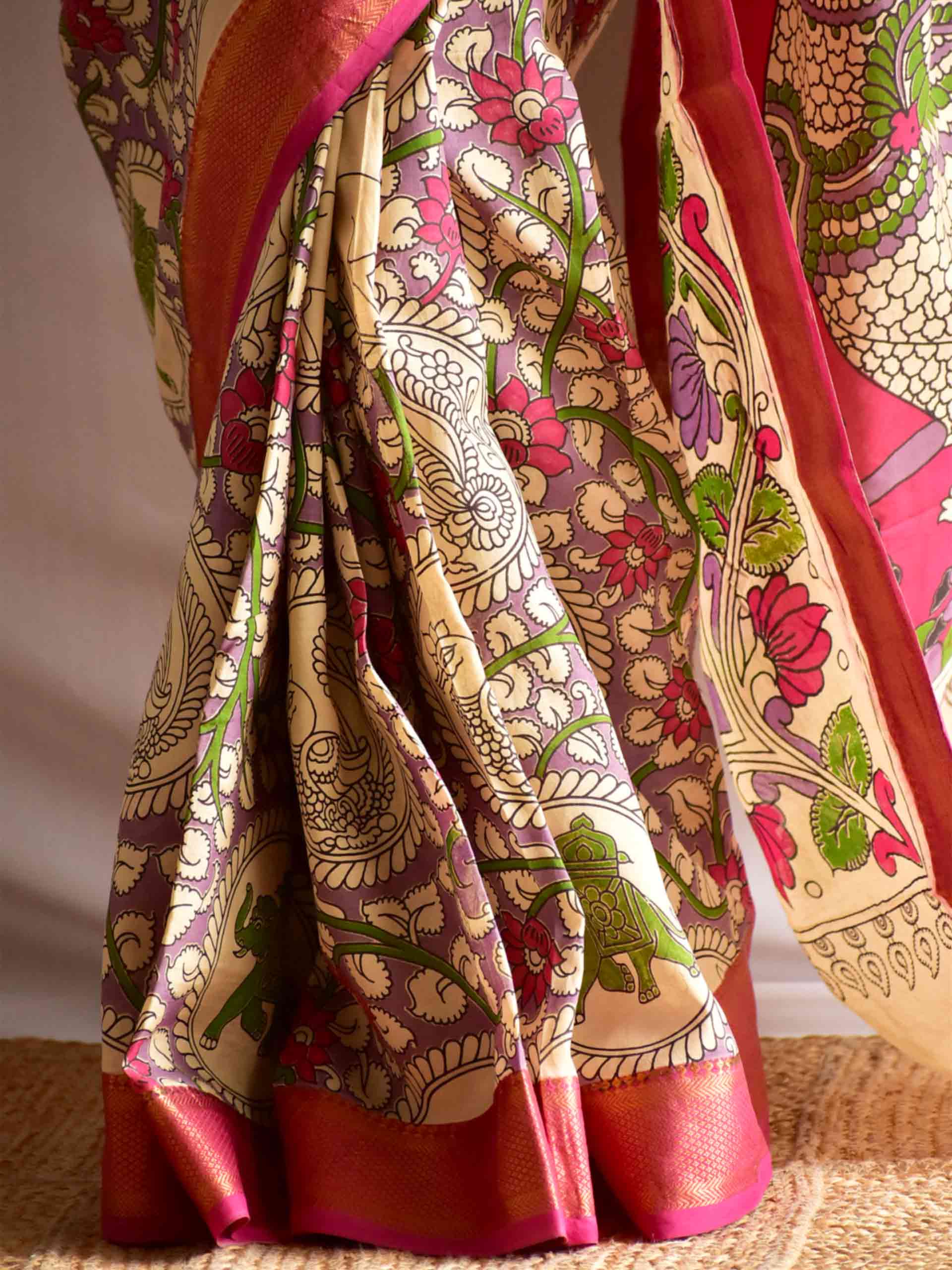 Nirvana - kalamkari printed Bangalore Silk nizam border saree