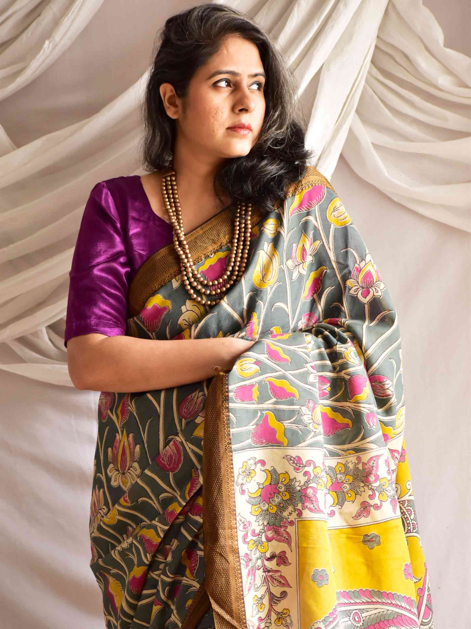 Aakarsh - kalamkari printed Bangalore Silk nizam border saree