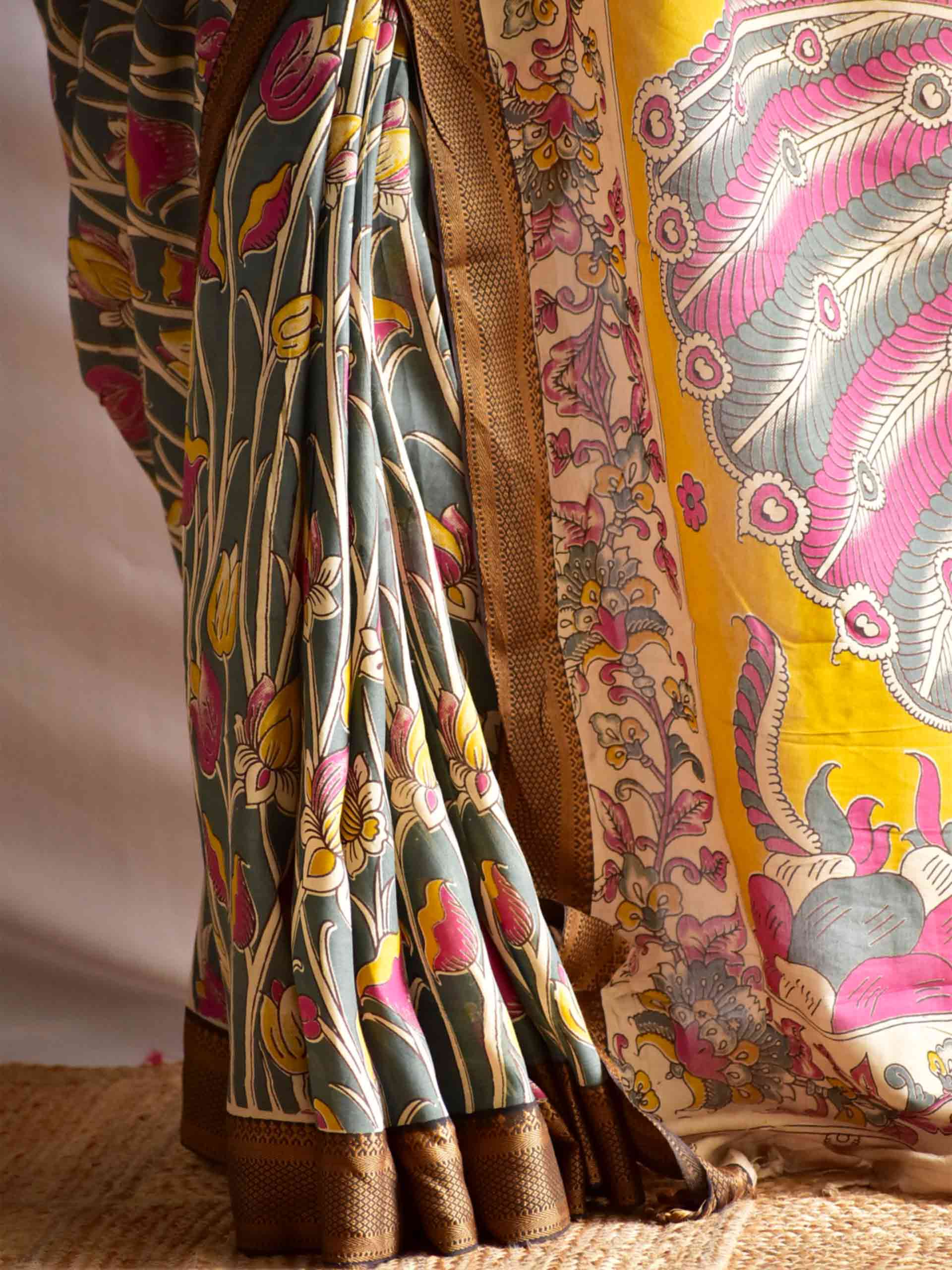 Aakarsh - kalamkari printed Bangalore Silk nizam border saree