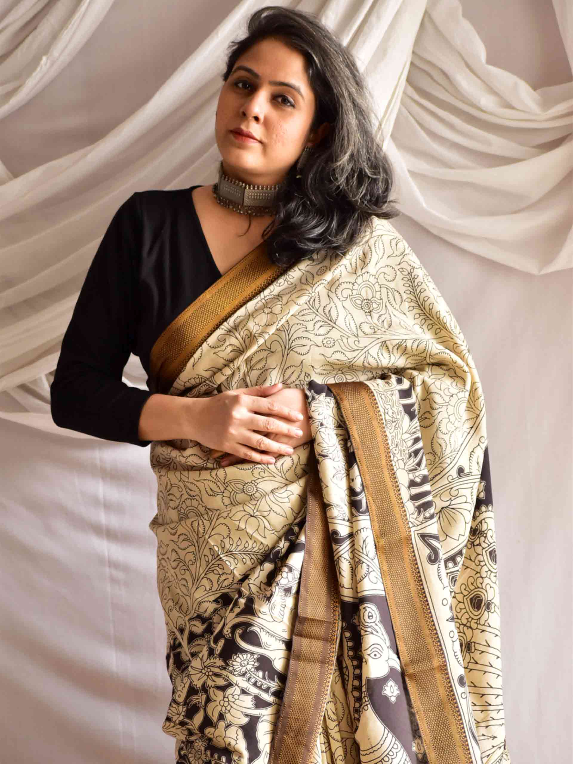 Chandni - kalamkari printed Bangalore Silk nizam border saree