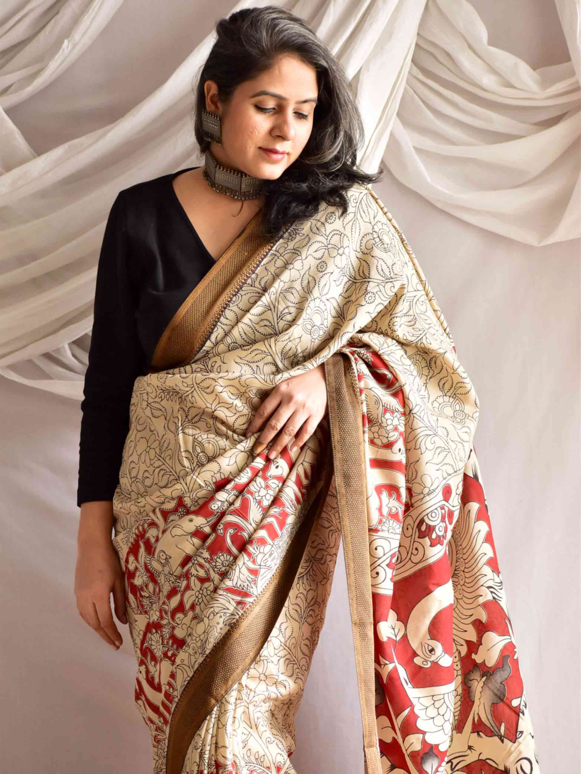 Aisha - kalamkari printed Bangalore Silk nizam border saree