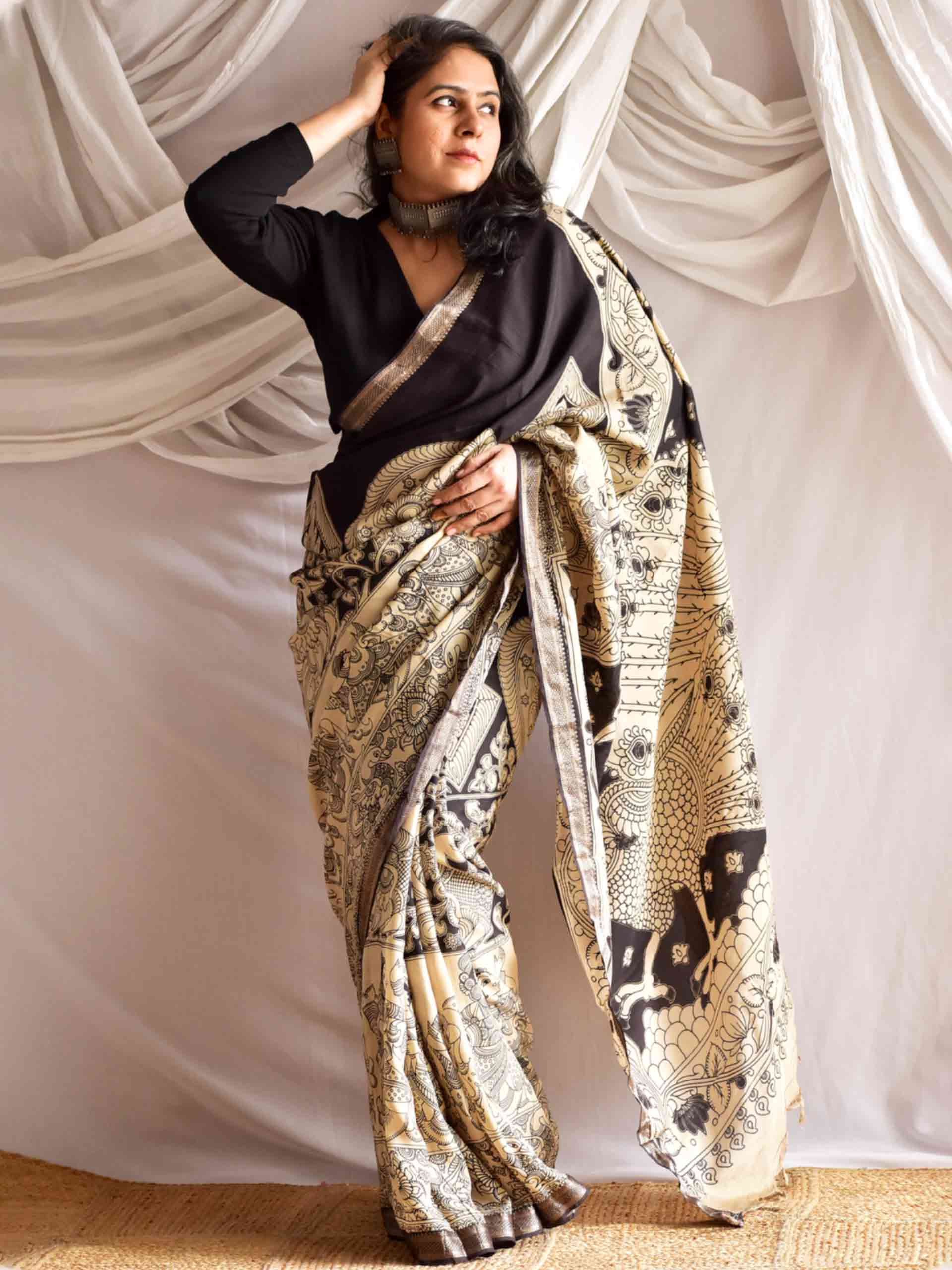 Nazar - kalamkari printed Bangalore Silk nizam border saree