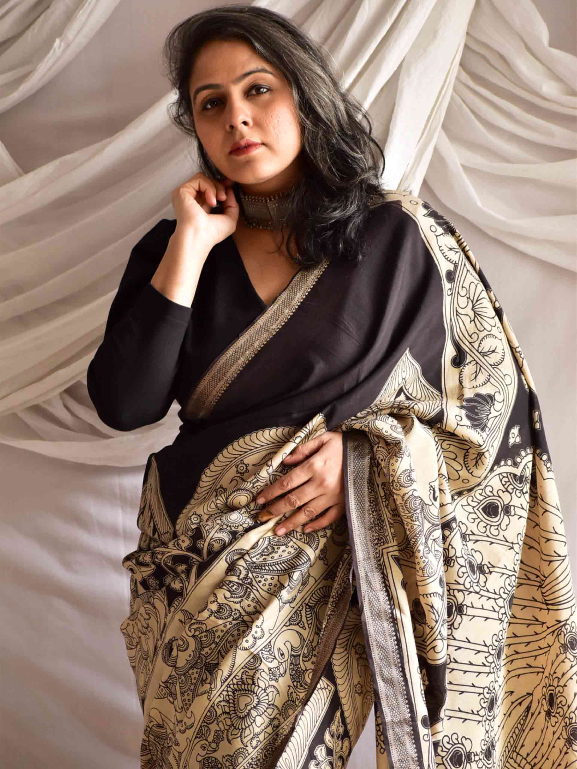 Nazar - kalamkari printed Bangalore Silk nizam border saree
