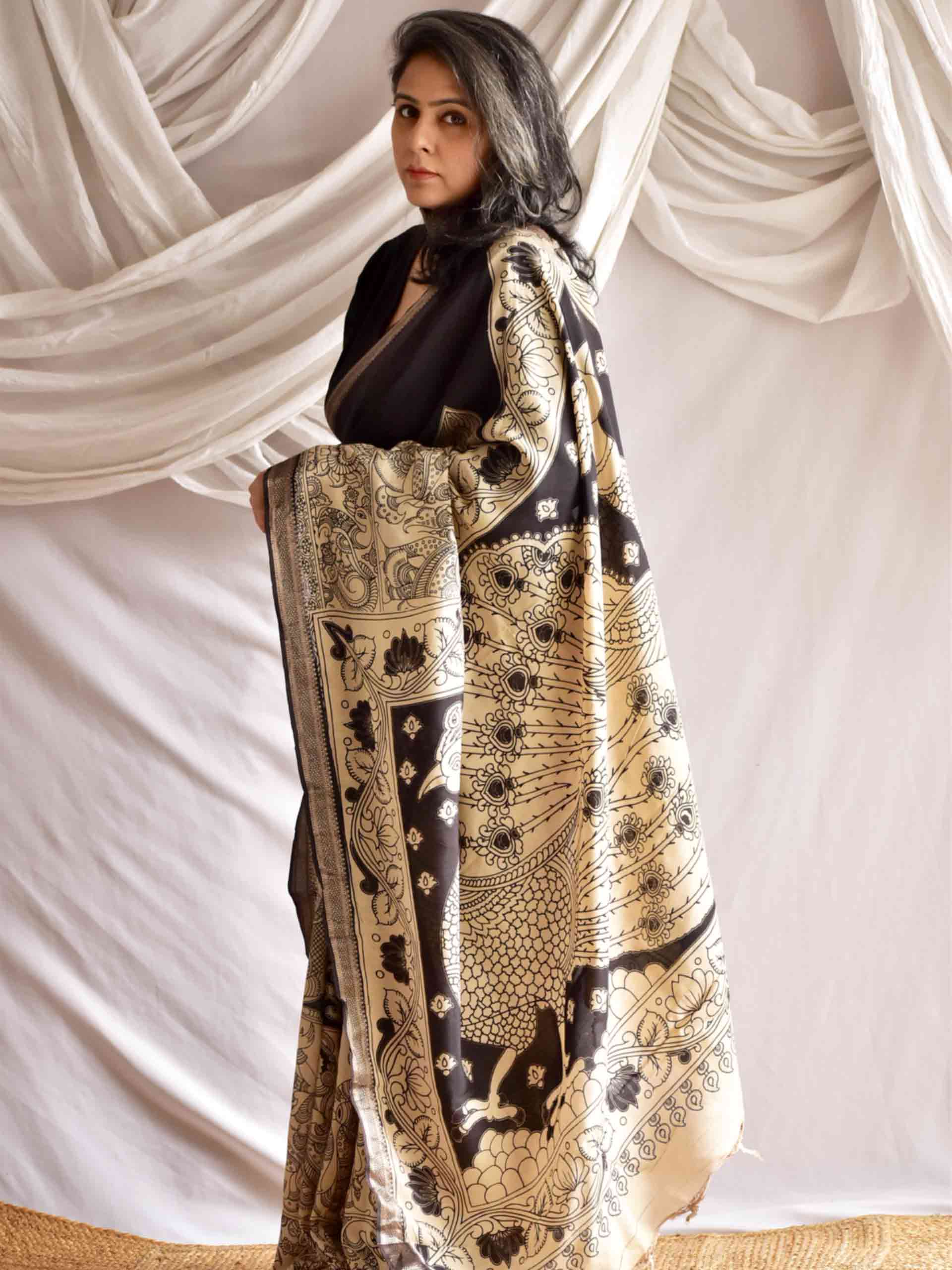 Nazar - kalamkari printed Bangalore Silk nizam border saree