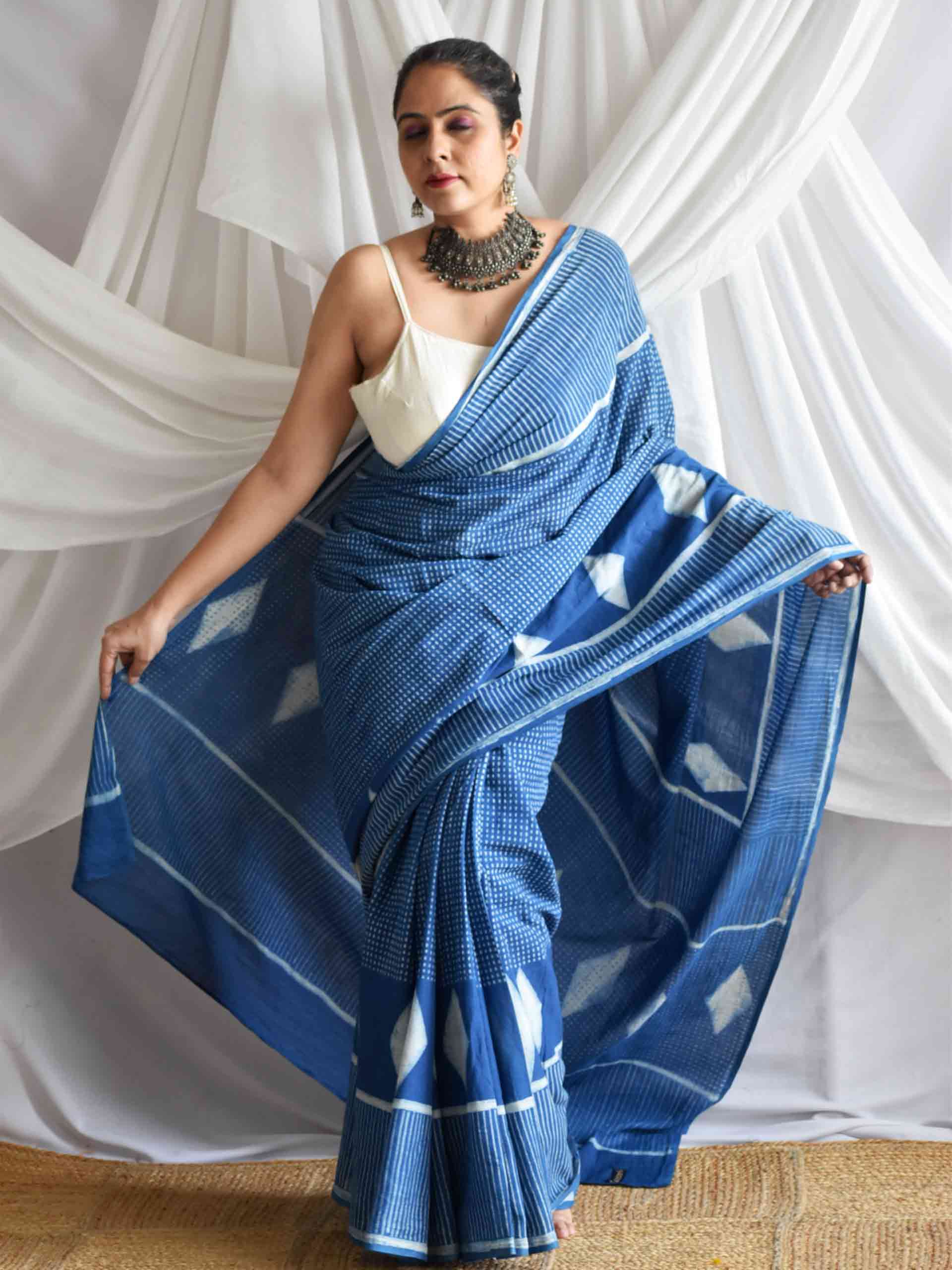 Diamond Indigo mul cotton saree