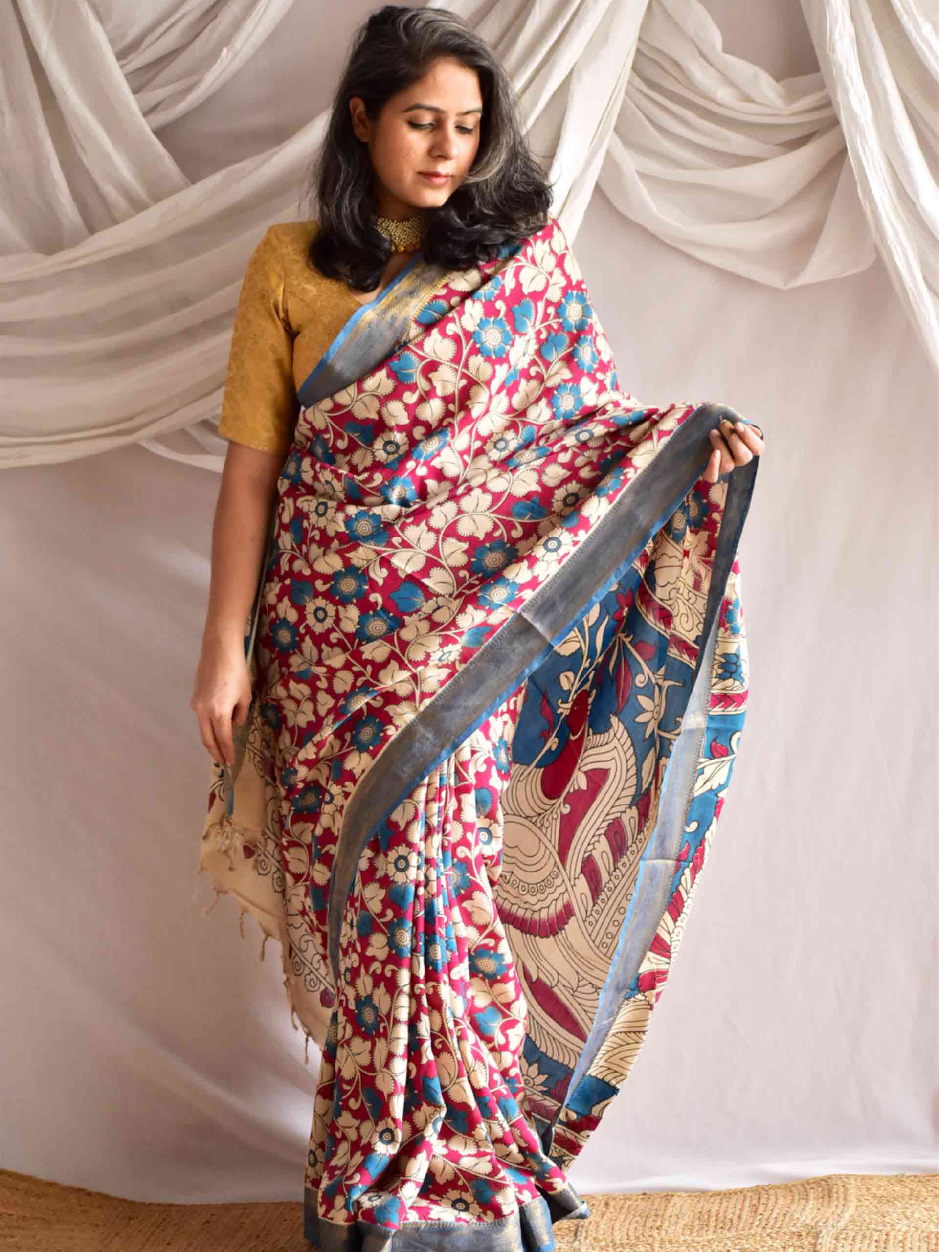 Guldasta - kalamkari printed Bangalore Silk nizam border saree