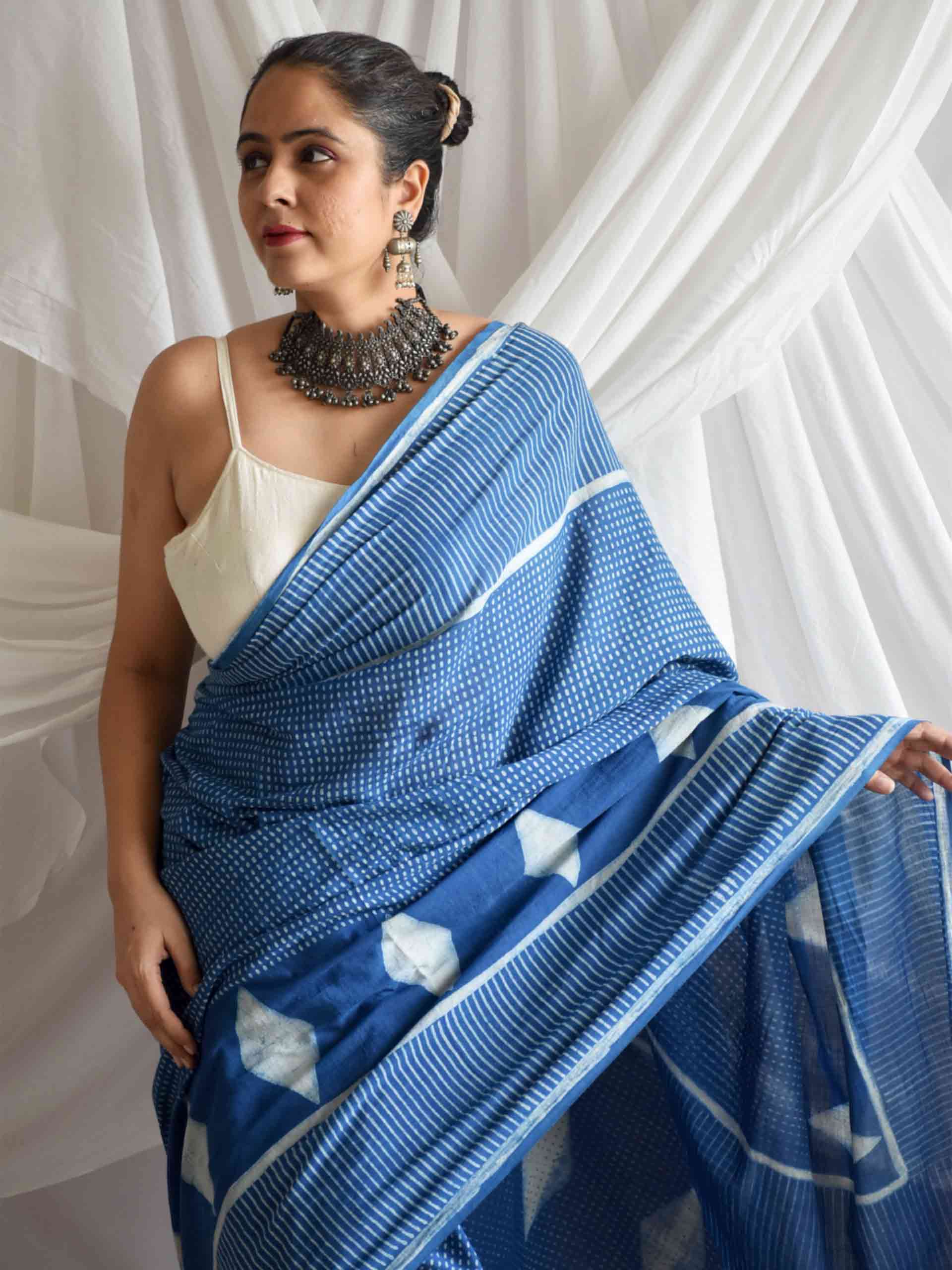 Diamond Indigo mul cotton saree