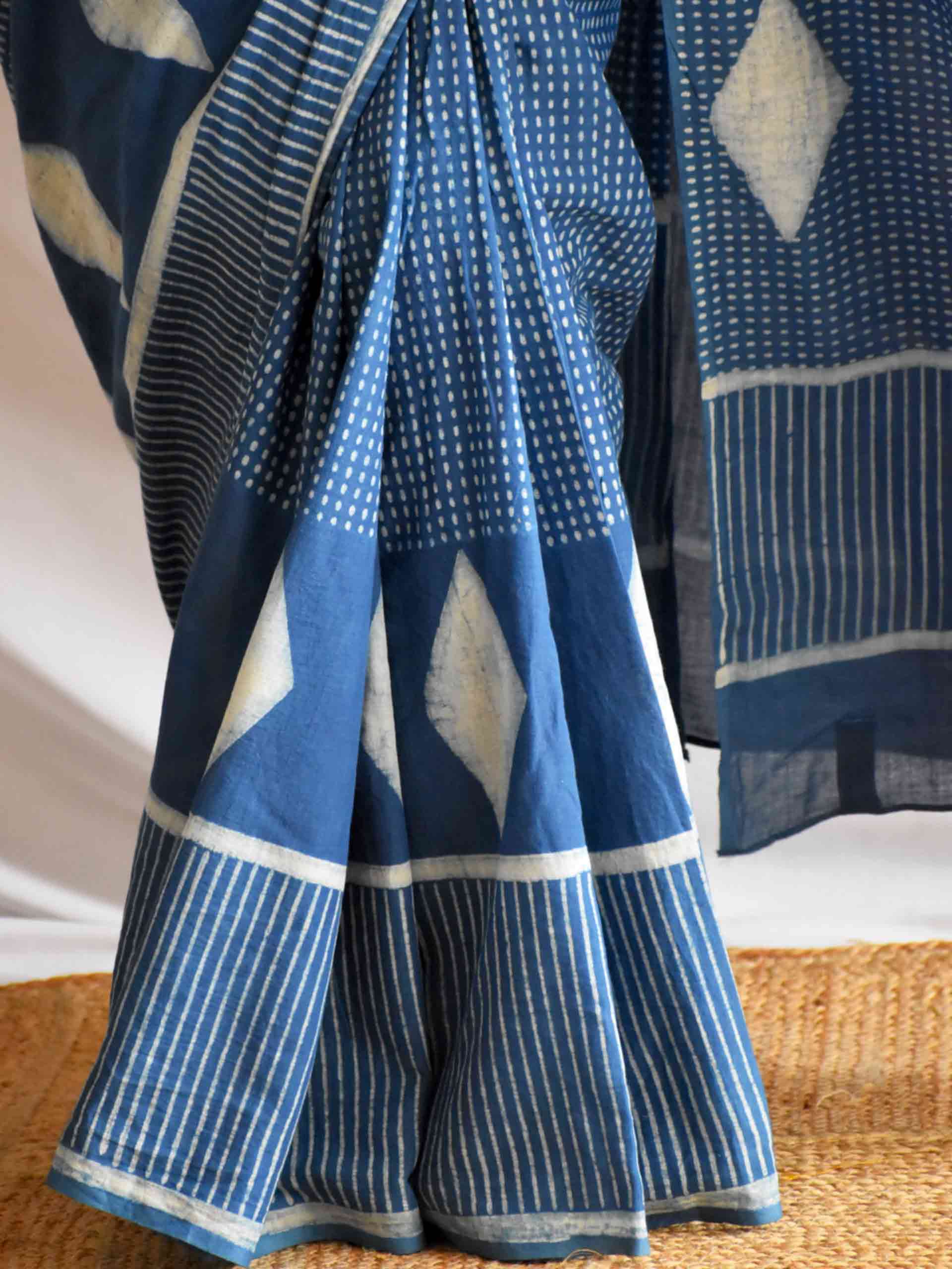 Diamond Indigo mul cotton saree