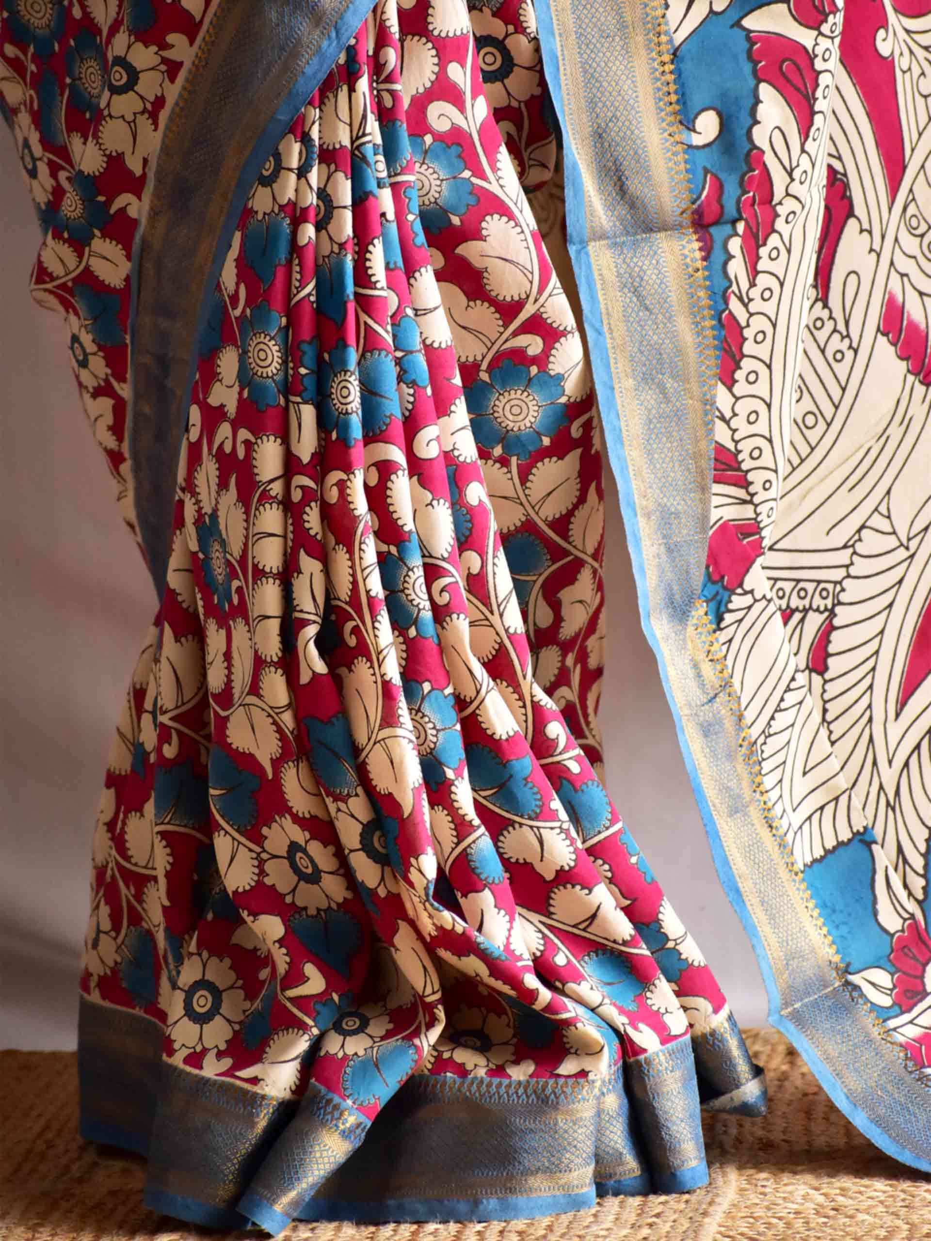 Guldasta - kalamkari printed Bangalore Silk nizam border saree