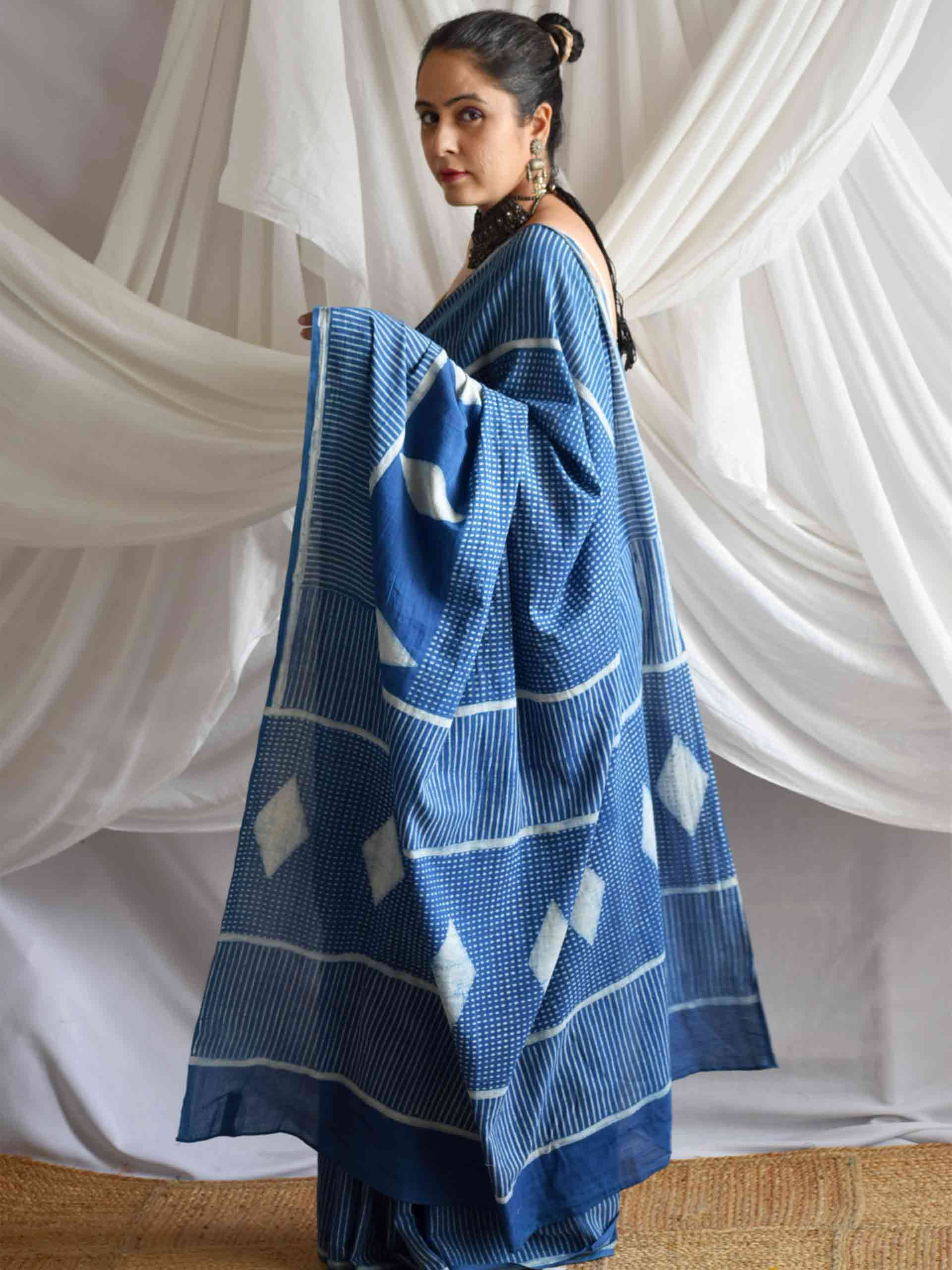 Diamond Indigo mul cotton saree