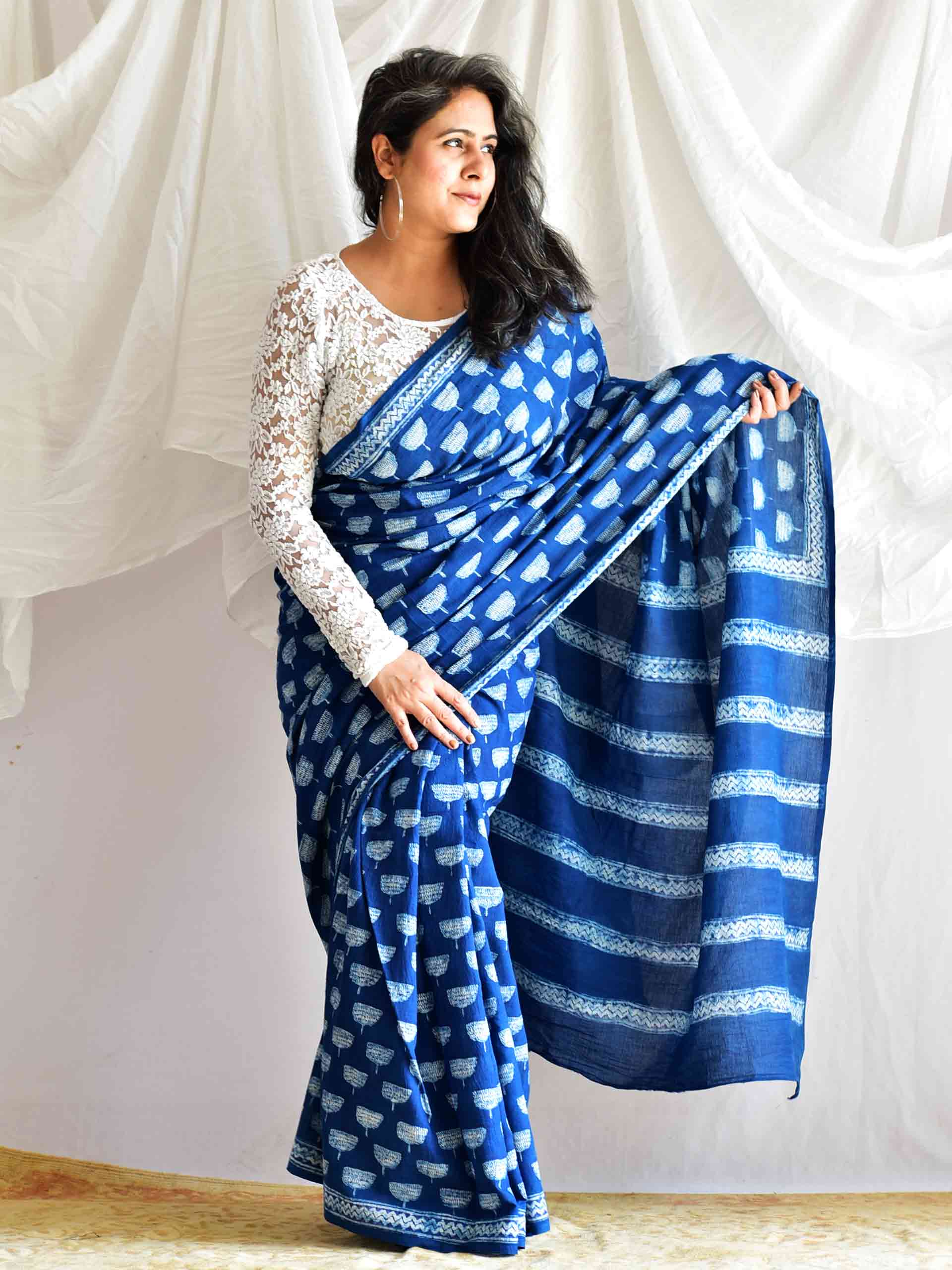 Rubaab Indigo mul cotton saree
